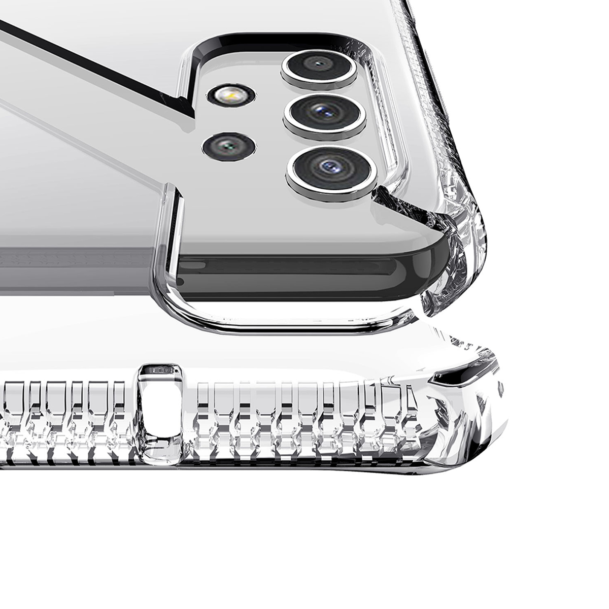 Primo piano di una custodia trasparente per telefono con lenti della fotocamera e bordo testurizzato.
