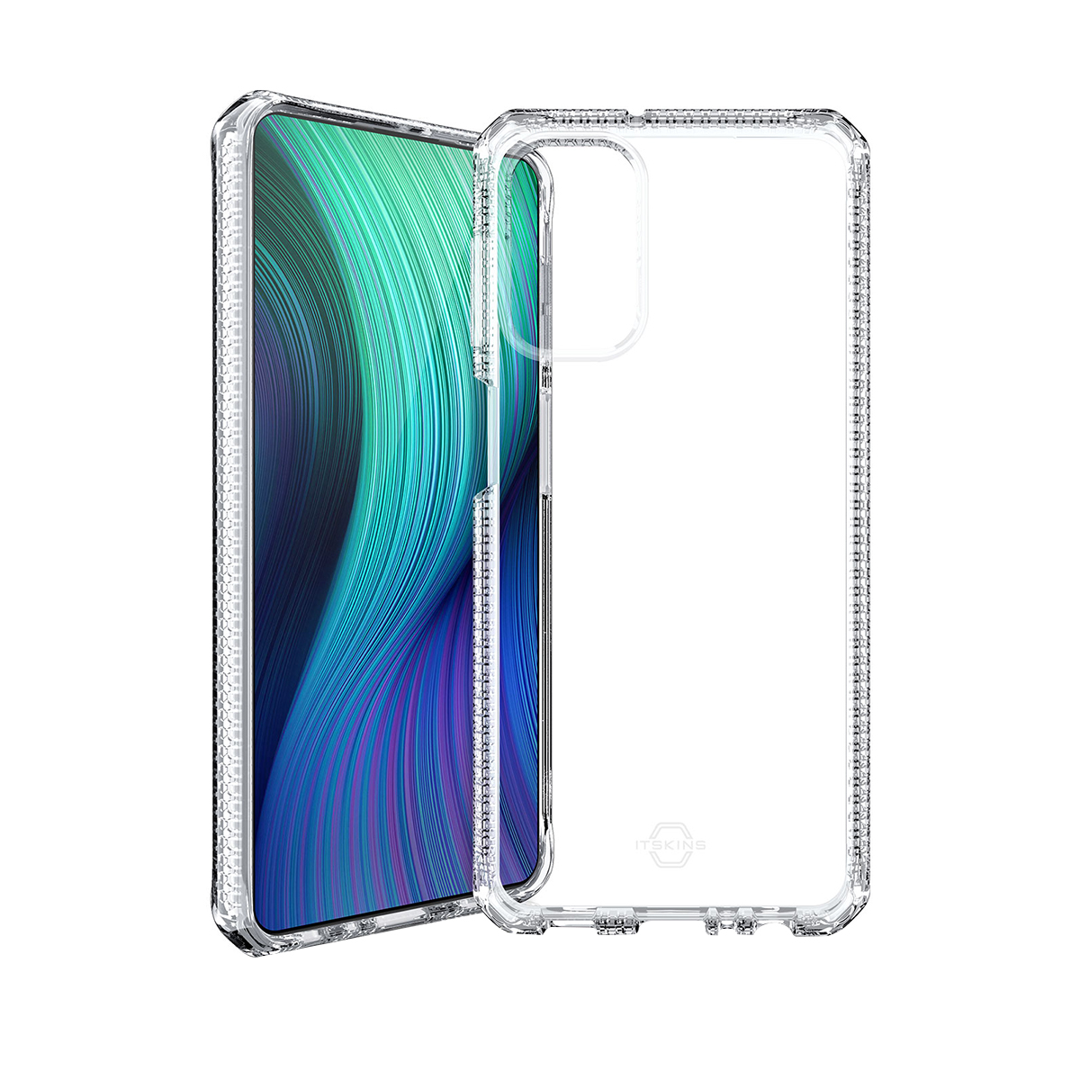 Custodia trasparente per telefono accanto a un telefono con schermo colorato.