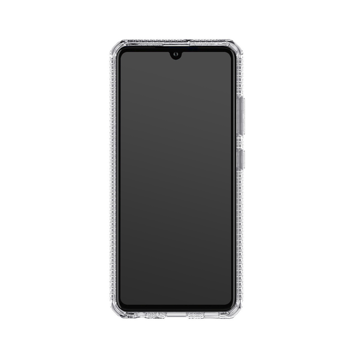 Una cover trasparente per telefono con bordo testurizzato, su sfondo bianco.
