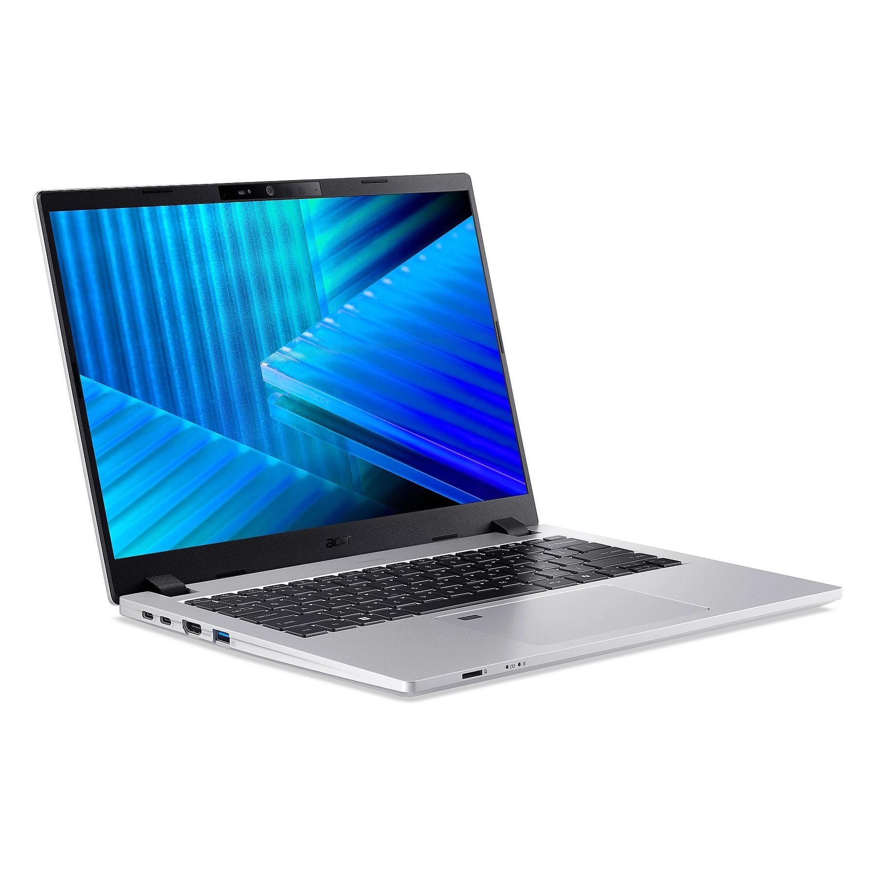 Un laptop argentato con lo schermo aperto, che mostra un motivo blu.