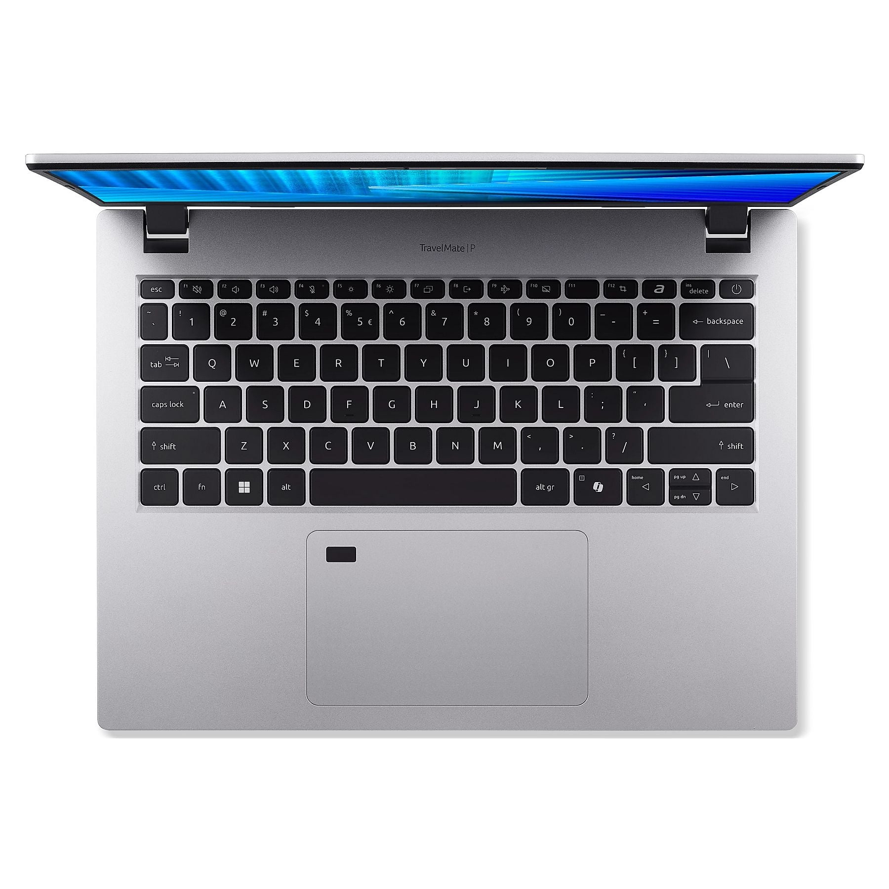 Laptop argentato con schermo aperto, che mostra una grafica blu di sfondo.