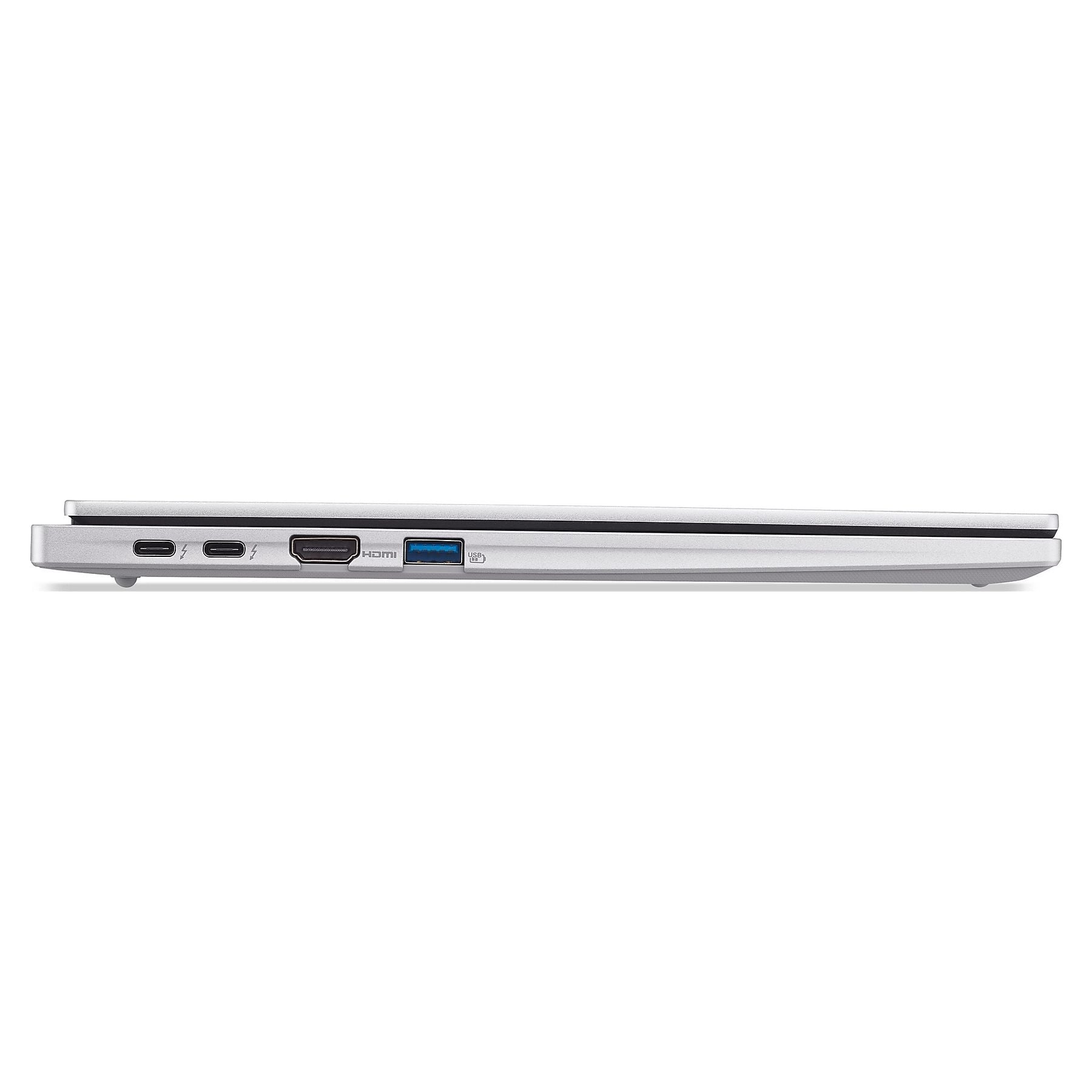 Vista laterale di un laptop argentato con due porte Thunderbolt, una HDMI e una USB.