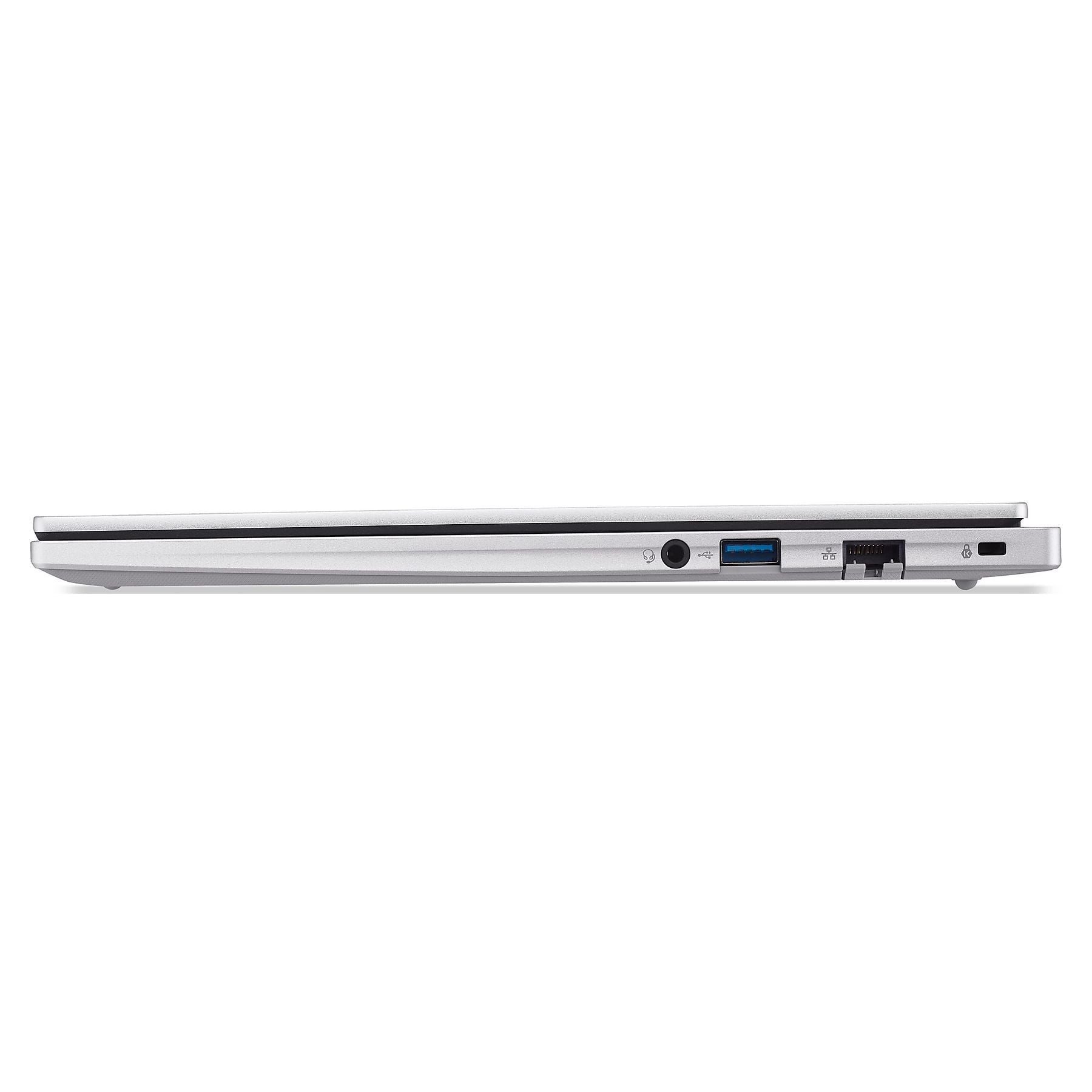 Vista laterale di un laptop argentato con porte: cuffie, USB, Ethernet.
