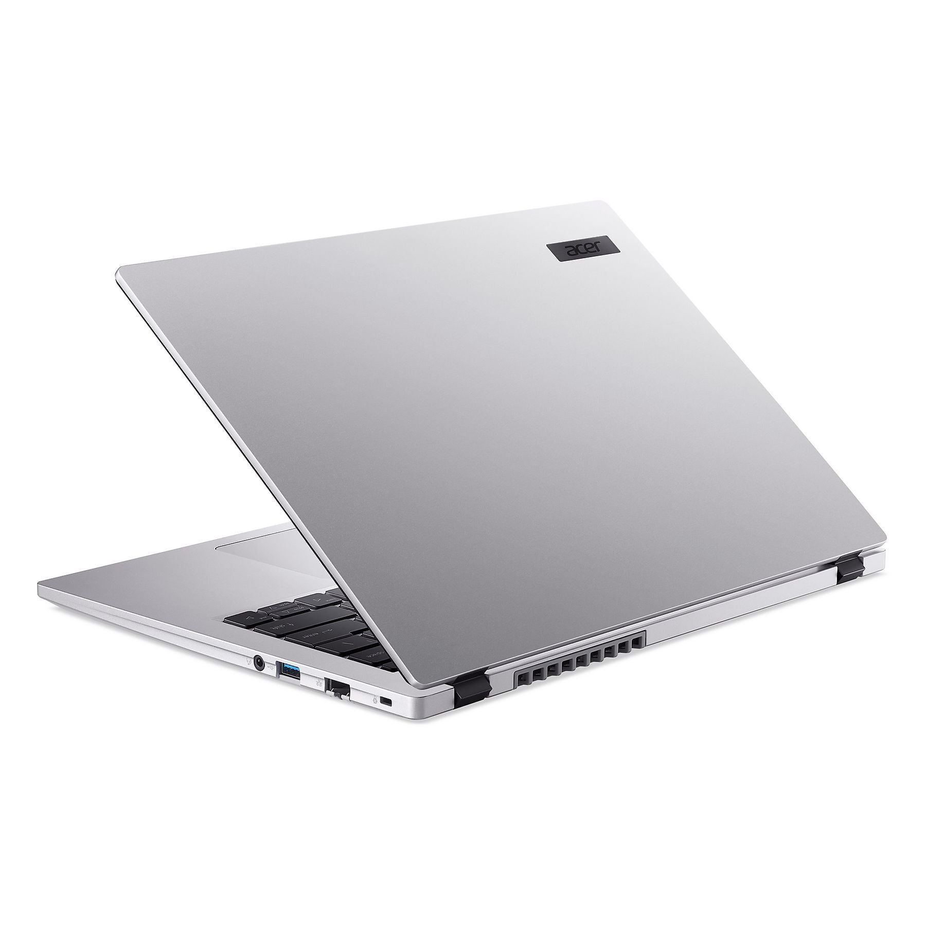 Un laptop Acer argentato con il coperchio aperto, che mostra la tastiera nera.