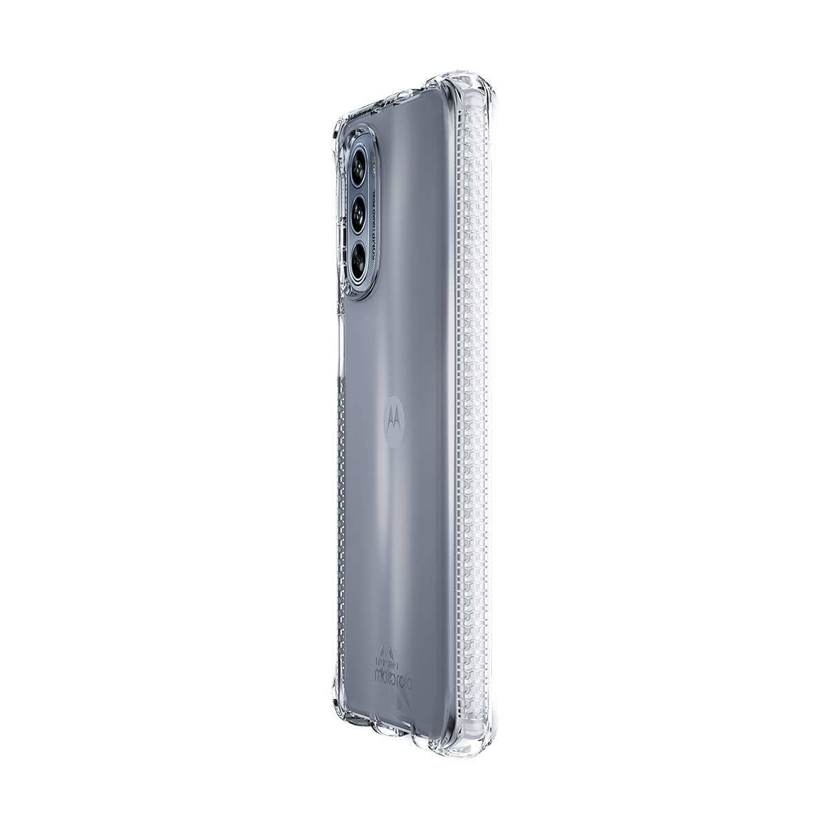 Klarer Schutzhülle für ein Motorola-Smartphone mit drei Kameras auf der Rückseite.