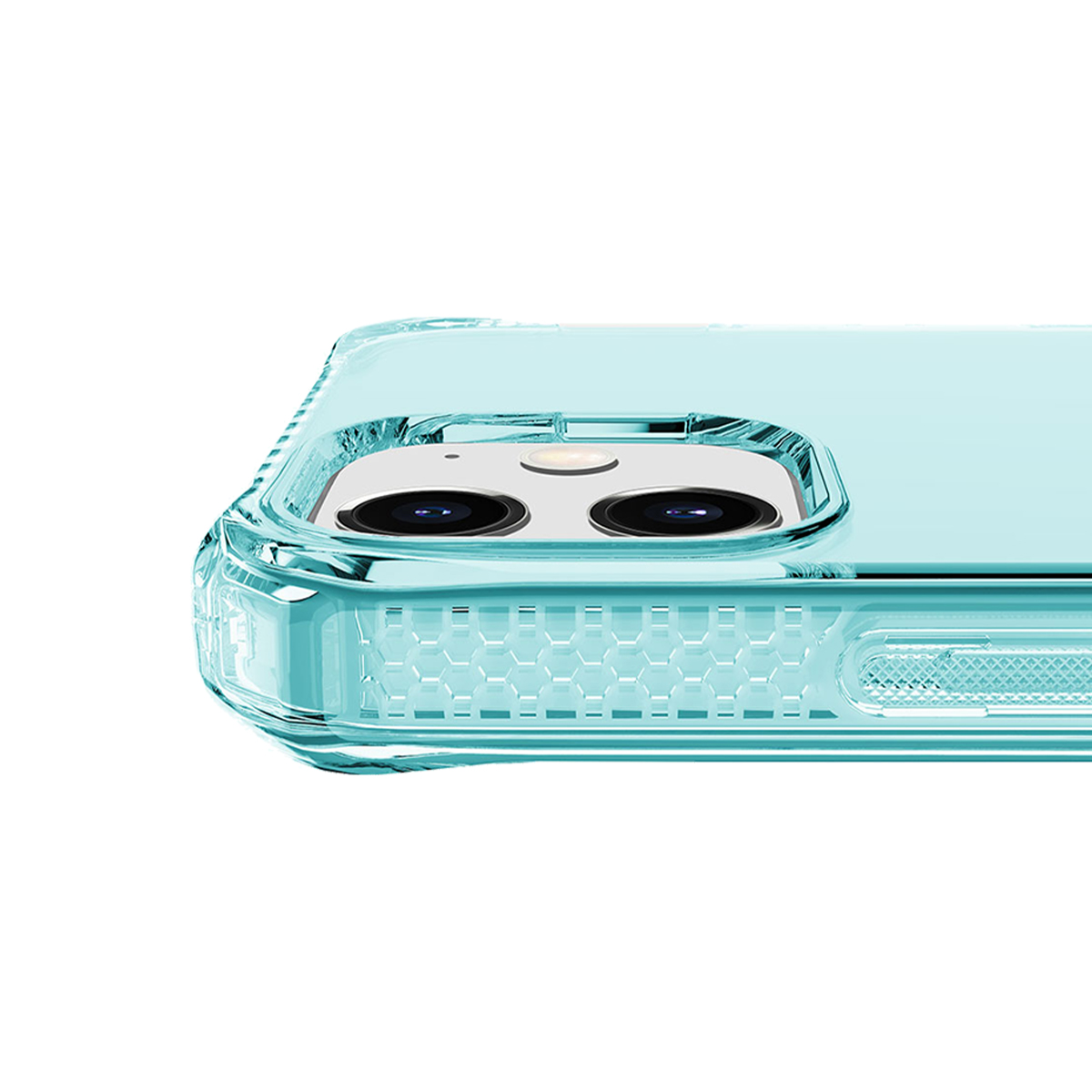 Custodia per telefono turchese trasparente con protezione fotocamera e motivo a nido d'ape.