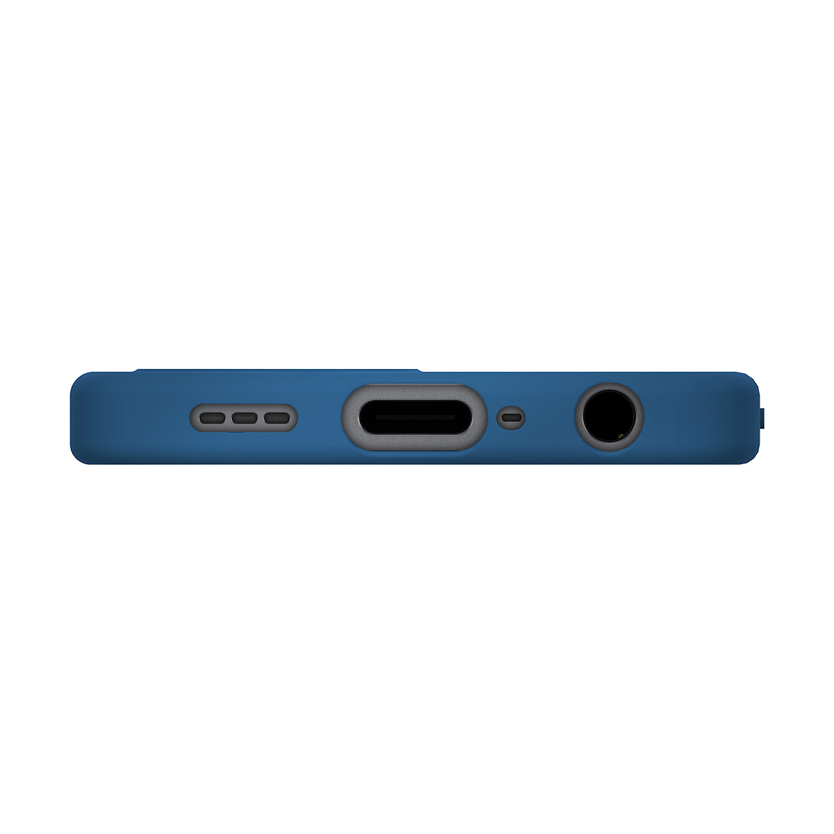Una custodia blu per telefono con porta di ricarica, fori altoparlante e jack cuffie.