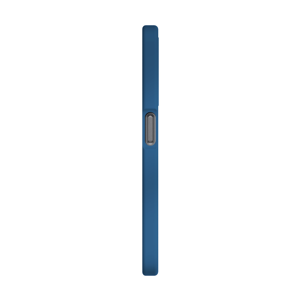 Custodia blu per telefono con un pulsante grigio sul lato, su sfondo bianco.