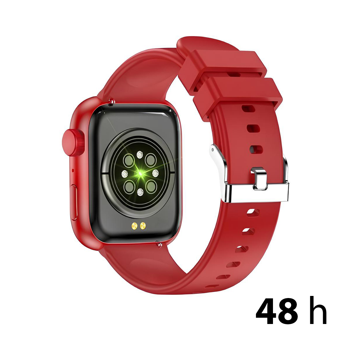 Czerwony smartwatch z czujnikiem tętna i czerwonym paskiem. 48 h.