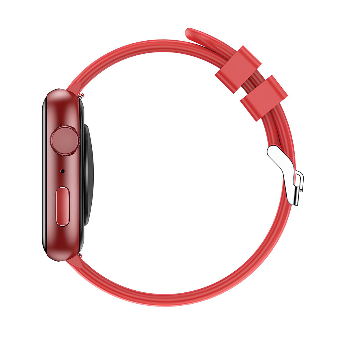 Czerwony smartwatch z czerwonym paskiem i srebrną klamrą.