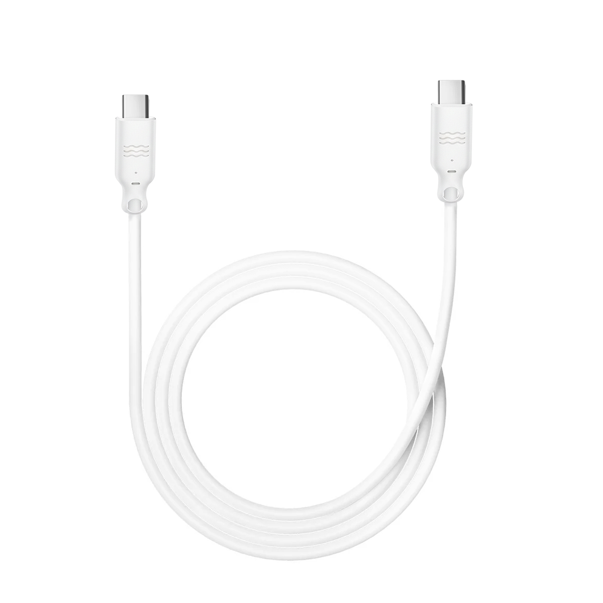 Un cavo USB-C bianco, arrotolato con entrambe le estremità visibili.