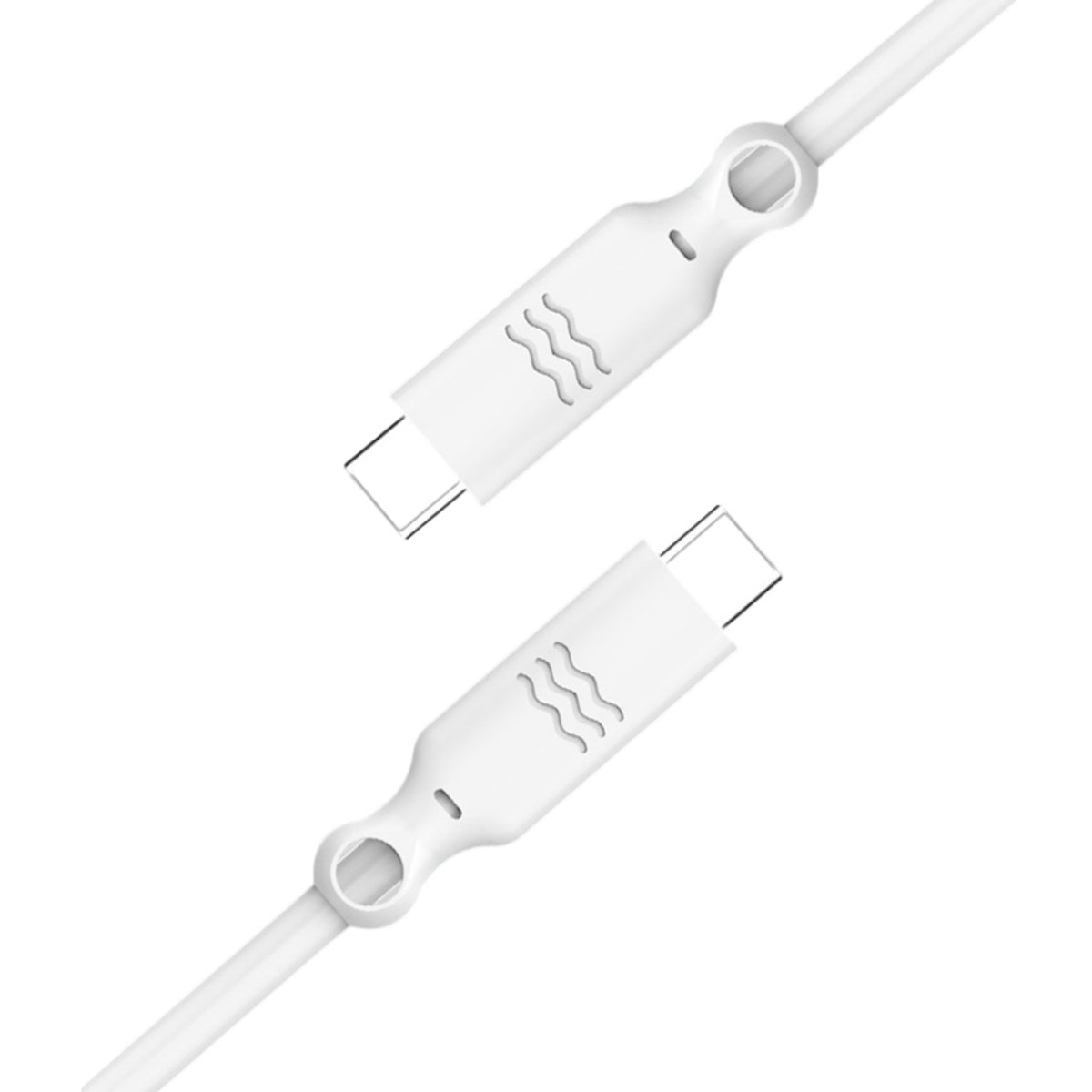 Due connettori USB-C bianchi con motivo a onde su sfondo bianco.