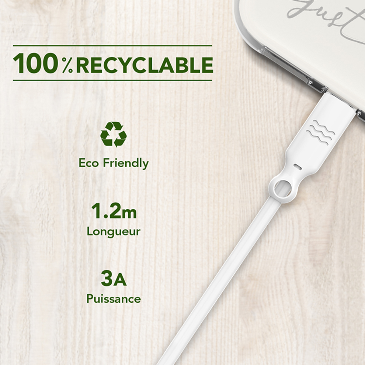 100% Riciclabile, Ecologico, Lunghezza 1,2m, Potenza 3A.