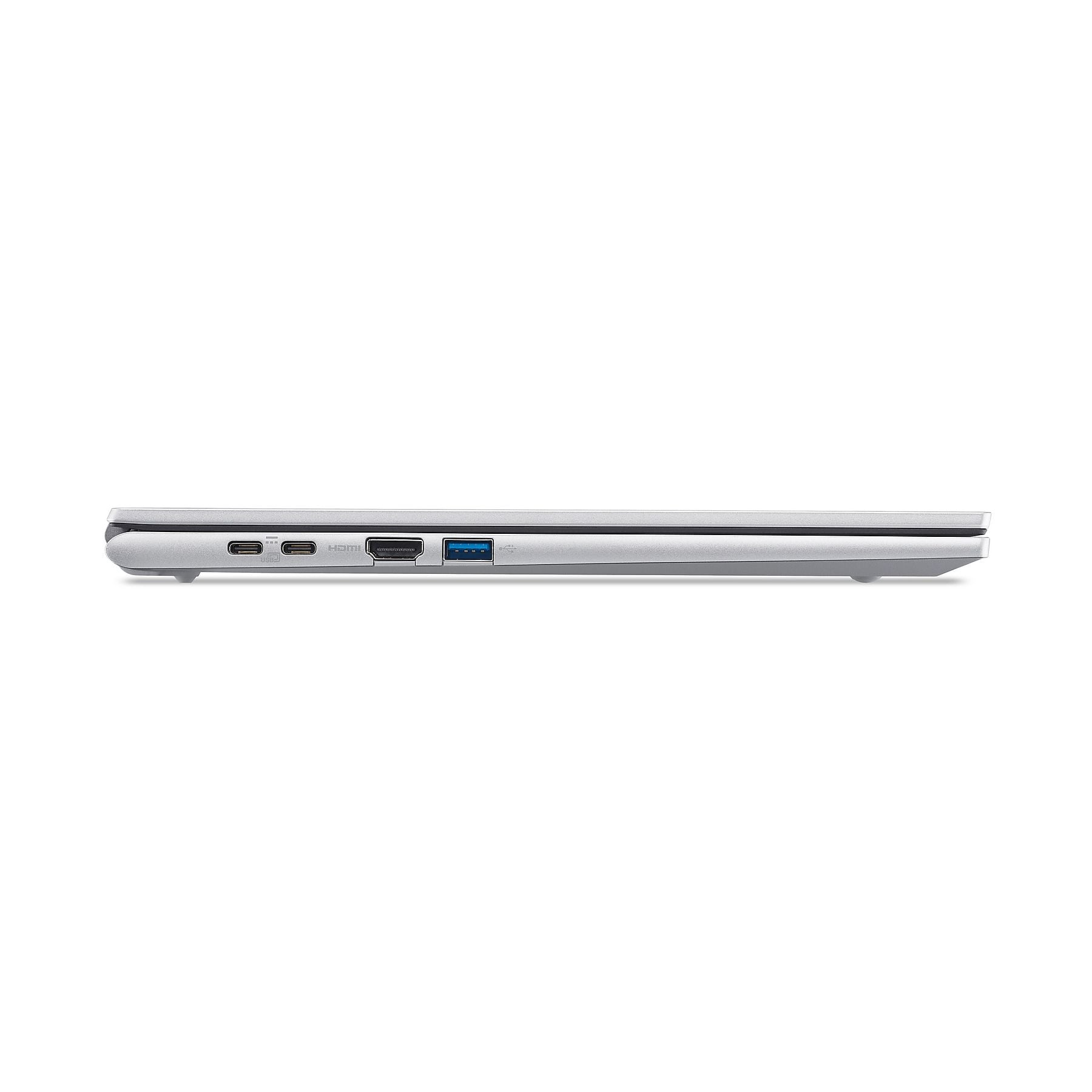 Primo piano delle porte di un laptop argentato sottile: USB-C, HDMI, USB-A.