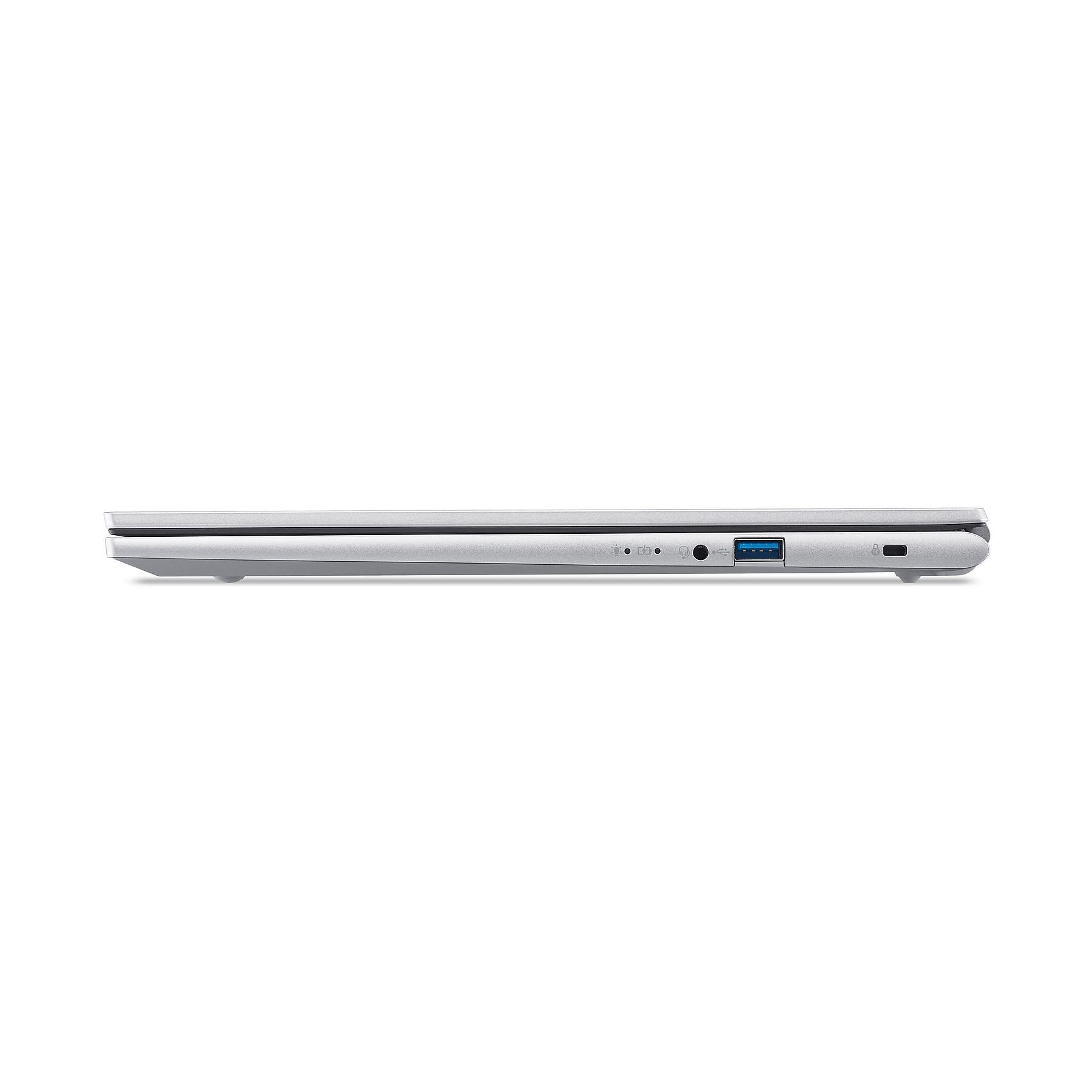 Vista laterale di un laptop argentato, con porte: USB, jack cuffie, lettore schede SD.