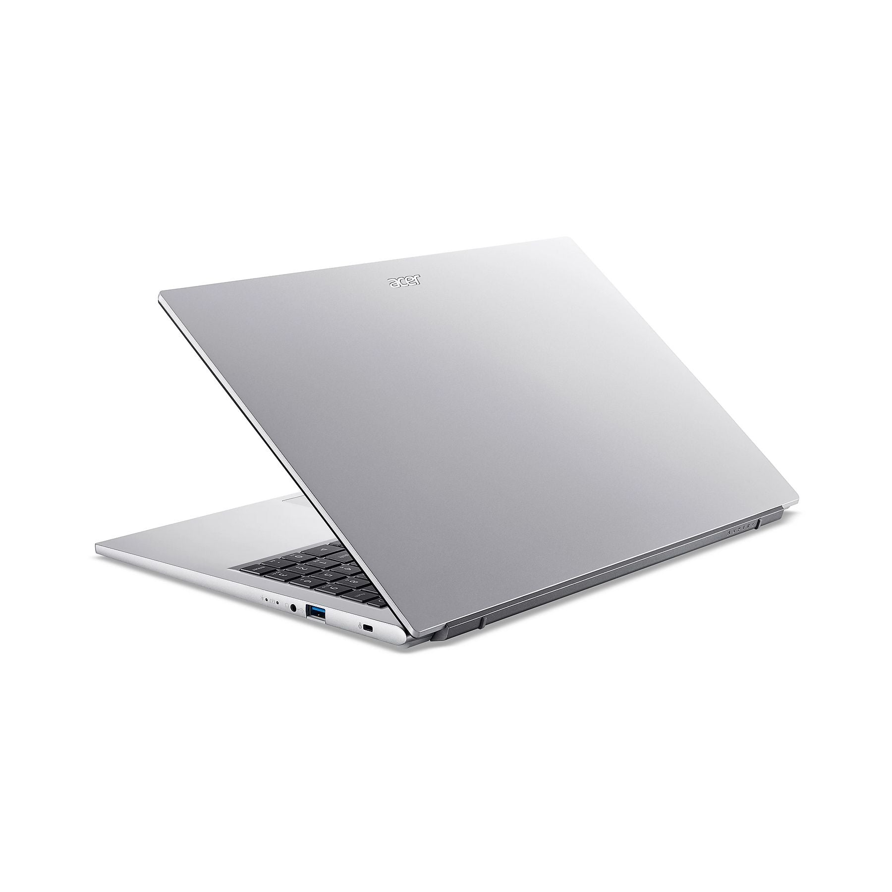Un laptop Acer argentato su sfondo bianco, parzialmente aperto.