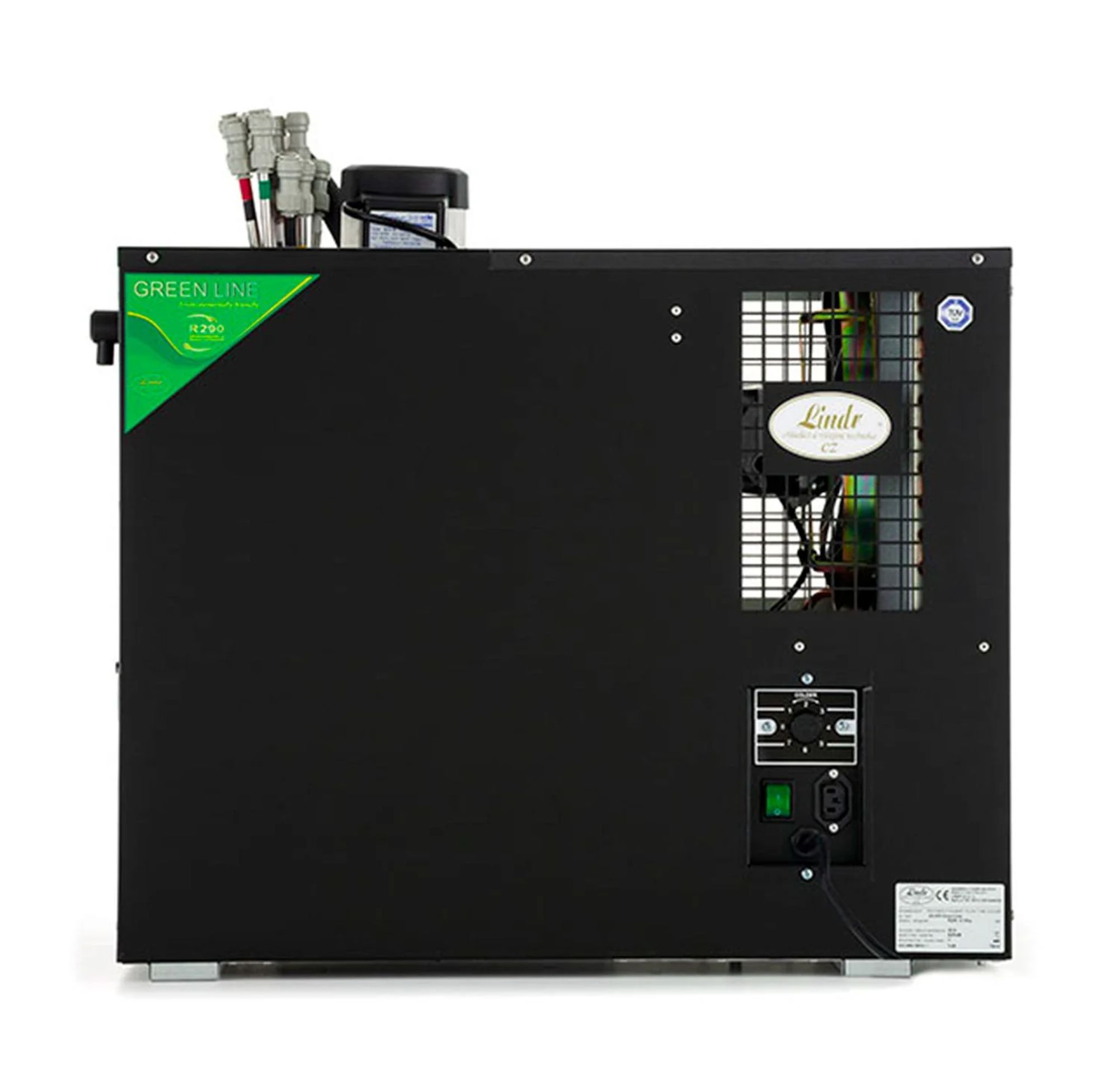 Zwarte koeler met groene 'Green Line'-tekst en R290-symbool.
