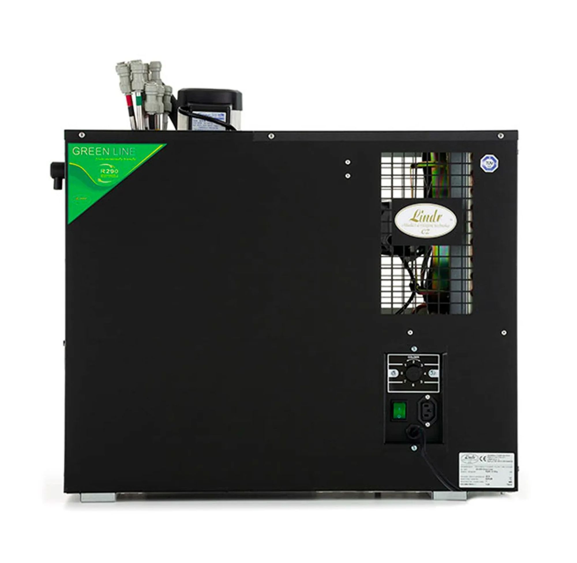Black cooler with "Green Line" sticker, R290 symbol and Lindr logo.