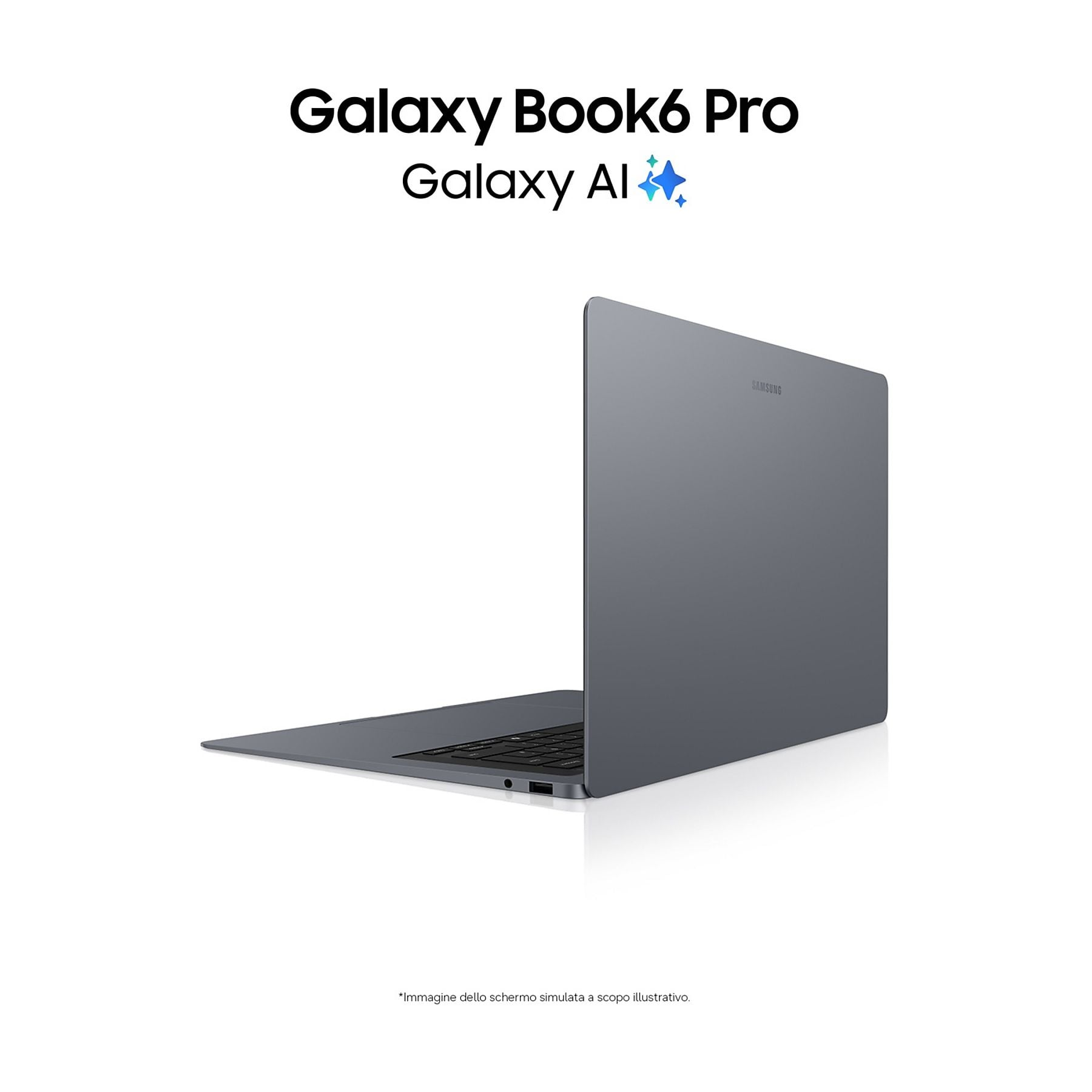 Un laptop grigio Samsung Galaxy Book6 Pro, parzialmente aperto, con logo Samsung.
