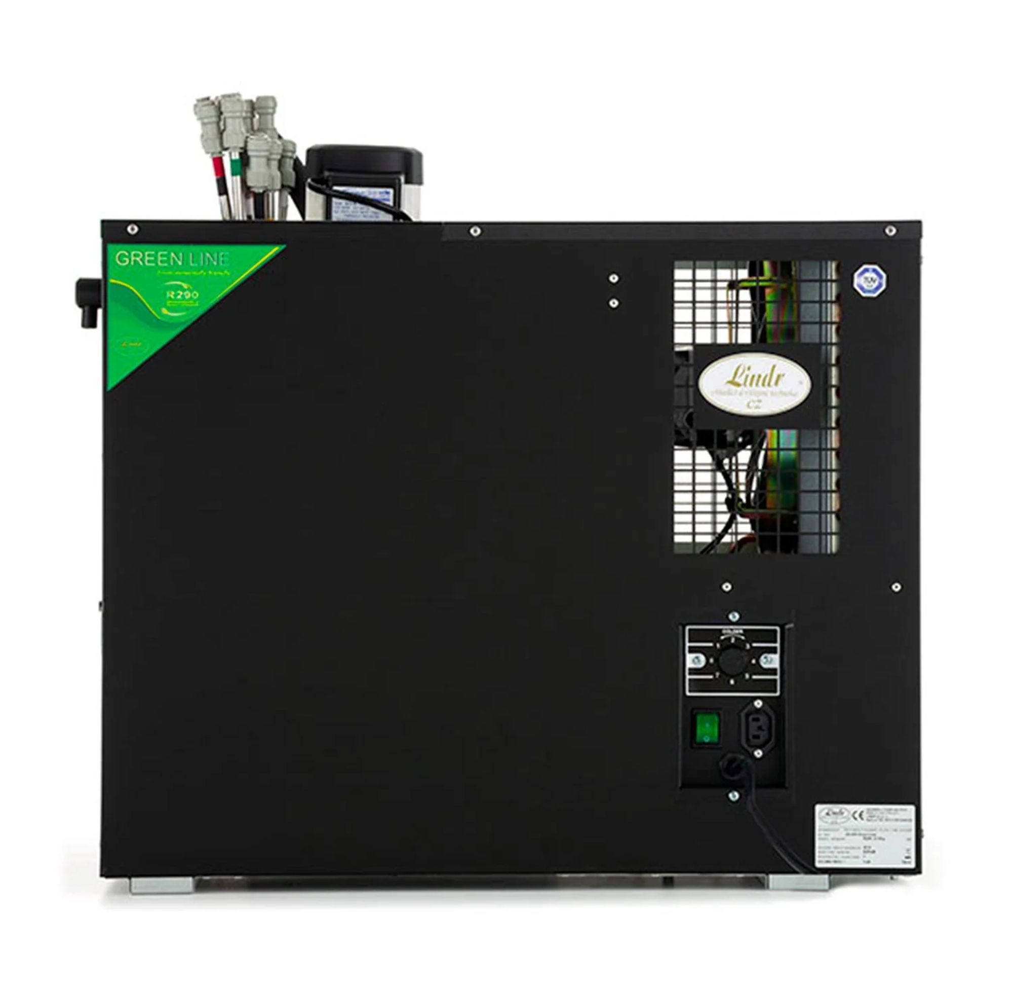 Zwarte koeler met ventilatie, bedieningselementen en Linde-logo. Bovenop slangen.