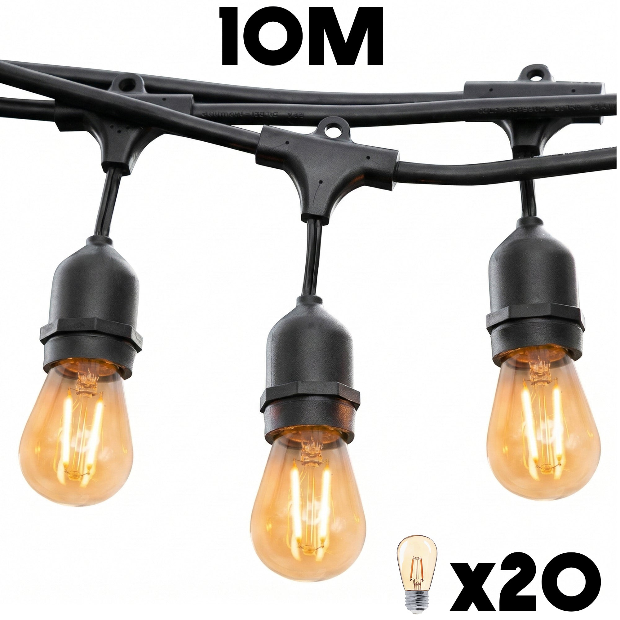 3 Glühbirnen mit schwarzen Fassungen an einem Kabel. Eine weitere Glühbirne und "x20" daneben.