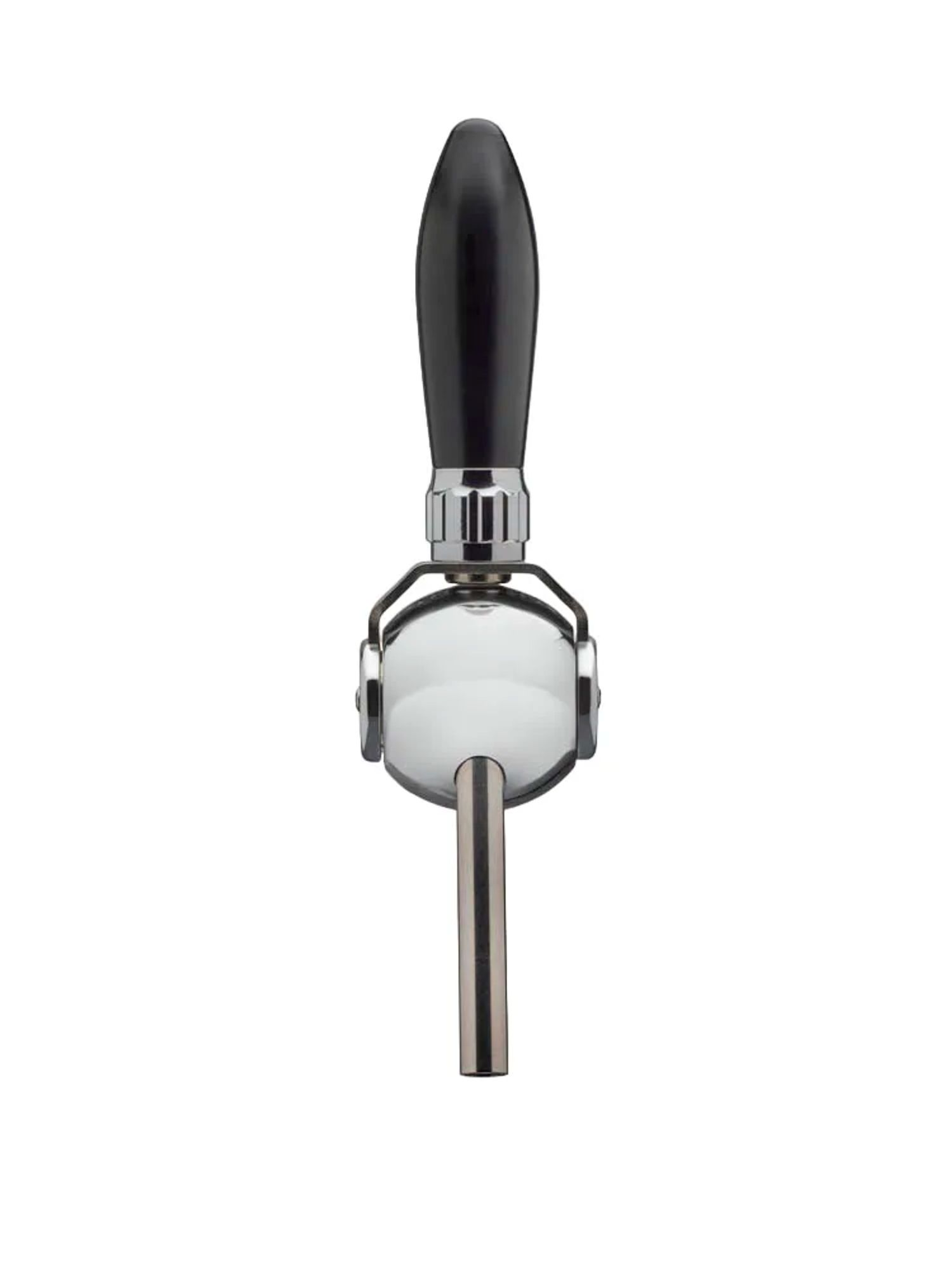 Een biertap met een zwart handvat en chromen accenten.