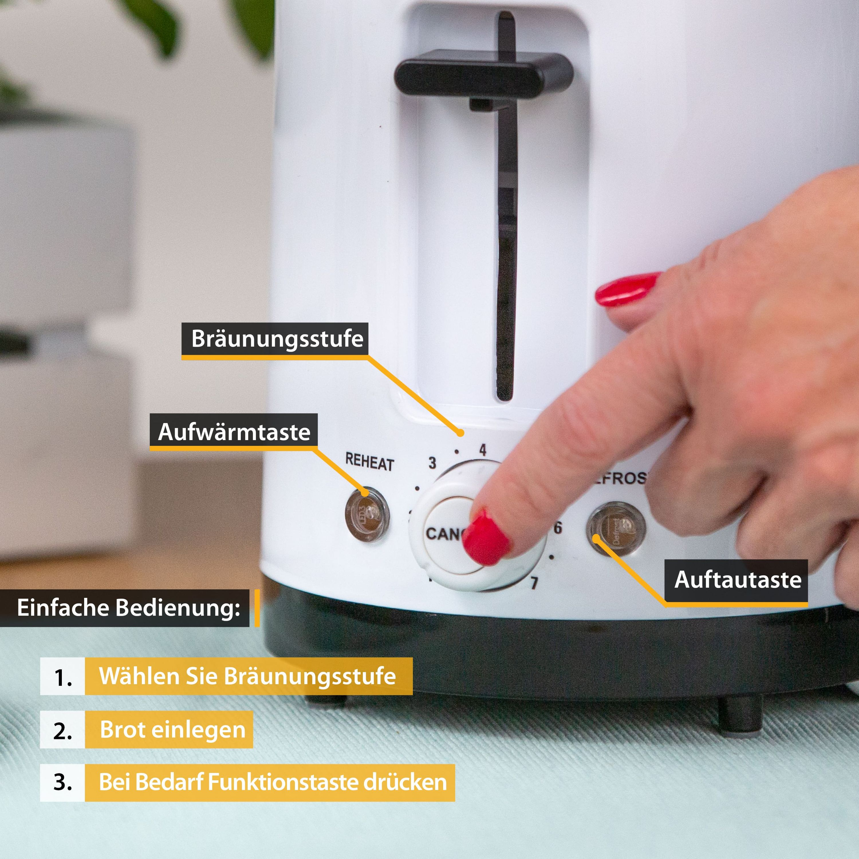 Eine Hand mit rotem Nagellack drückt eine Toast-Einstellungstaste.