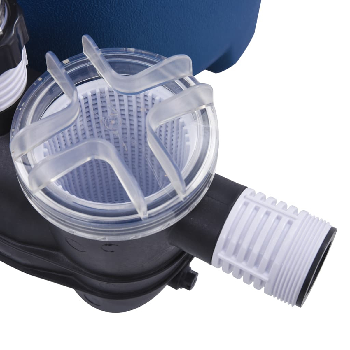 Nahaufnahme eines blauen Poolfilters mit transparentem Korb und weißem Anschluss.