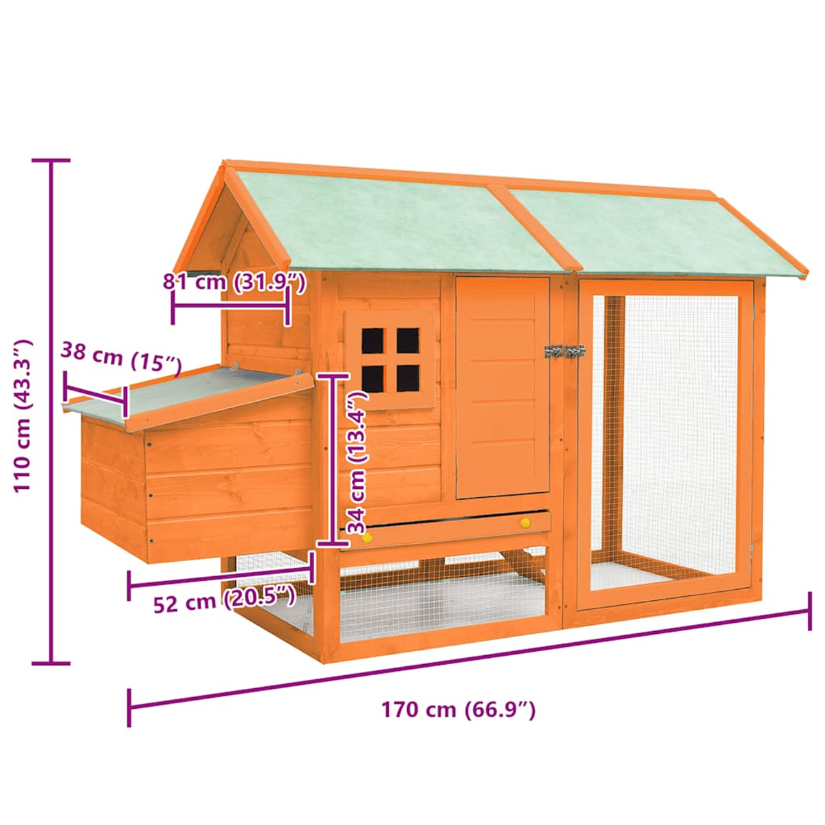 Ein orangefarbener Hühnerstall mit Dach, Fenster und Gittertür. Maße sind angegeben.