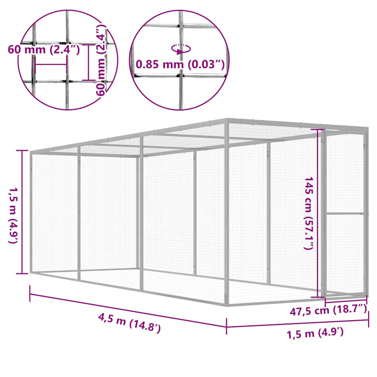 Ein rechteckiger Käfig aus Metallgitter mit den Maßen 4,5 m x 1,5 m x 1,45 m.