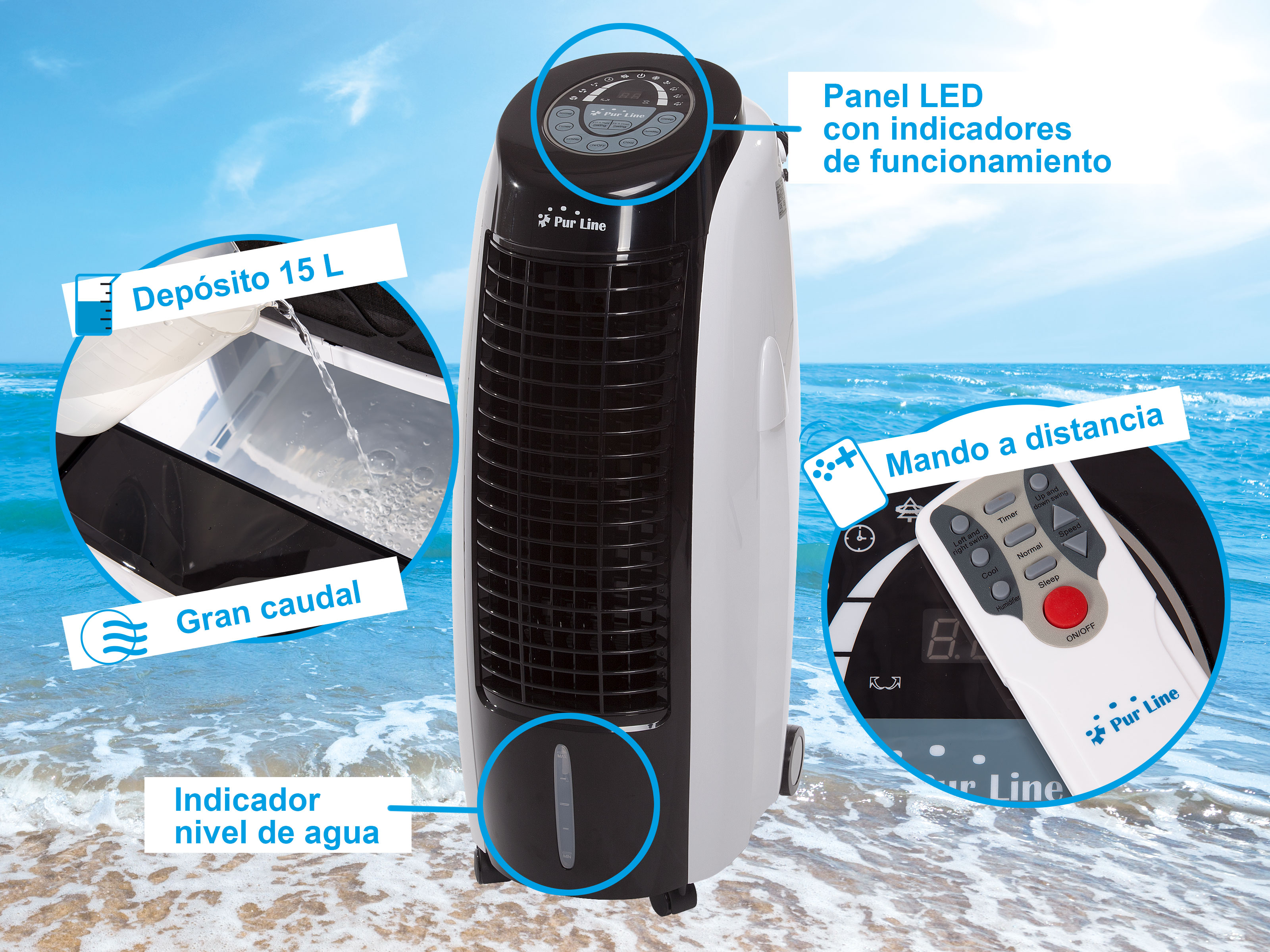 Ein tragbarer Luftkühler mit LED-Anzeige, Fernbedienung und Wassertank.