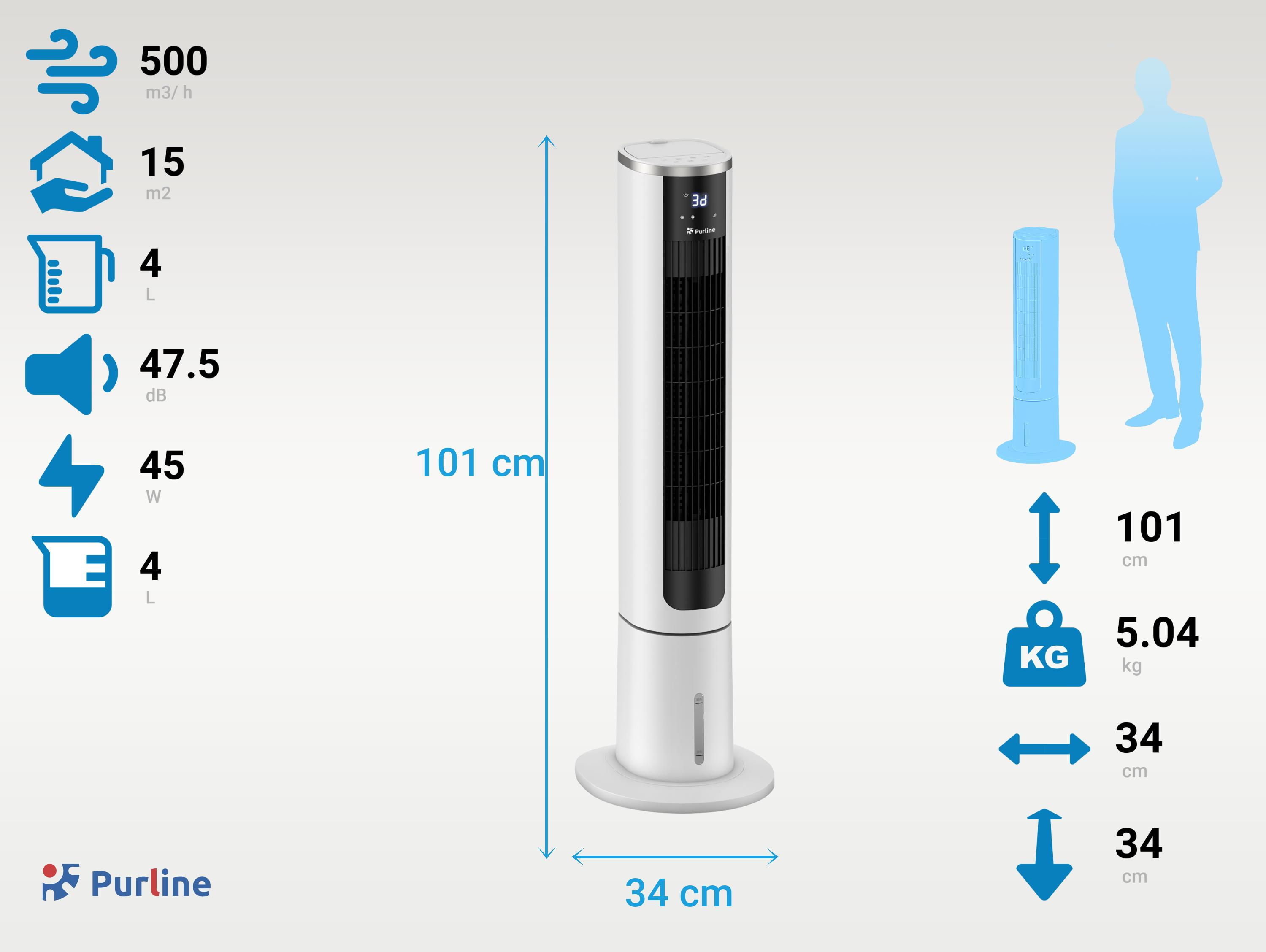 Ein weißer Turmventilator mit schwarzen Lamellen, 101 cm hoch.