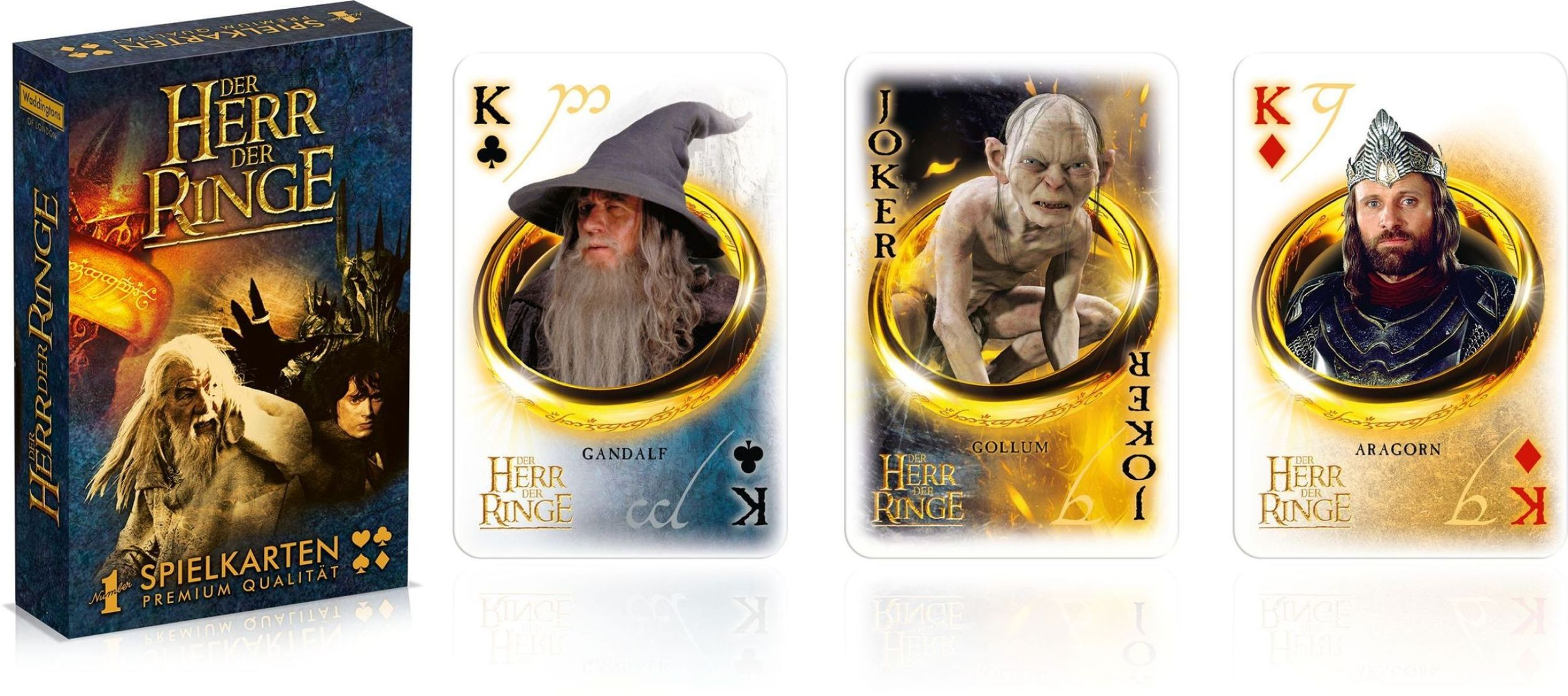 Herr der Ringe Spielkarten mit Gandalf, Gollum und Aragorn.