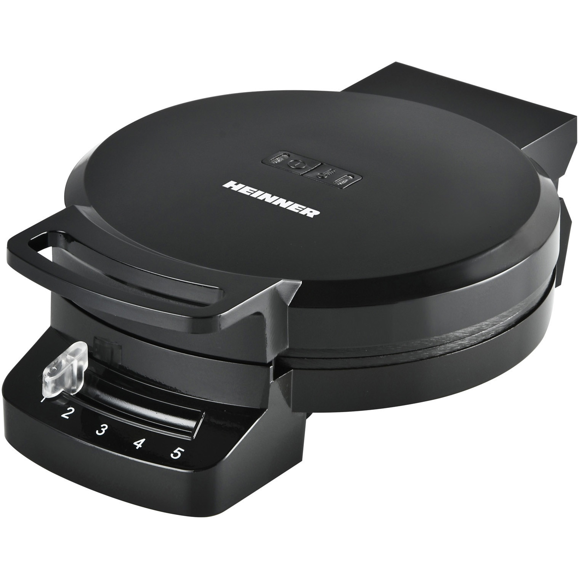 Black waffle maker with a silver handle and a dial from 1 to 5.