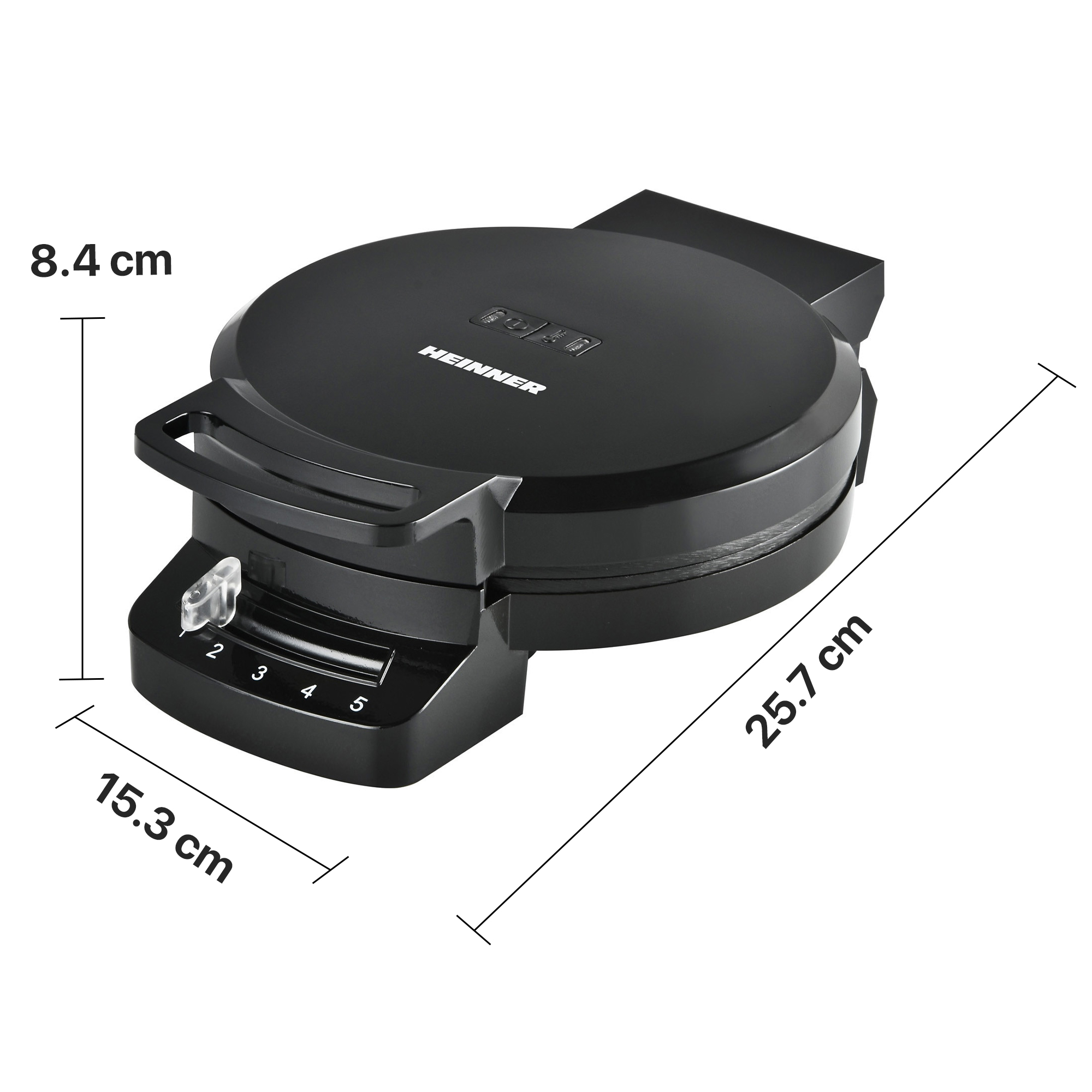 Black Heinner waffle maker with 8.4 cm height and 15.3 cm width.