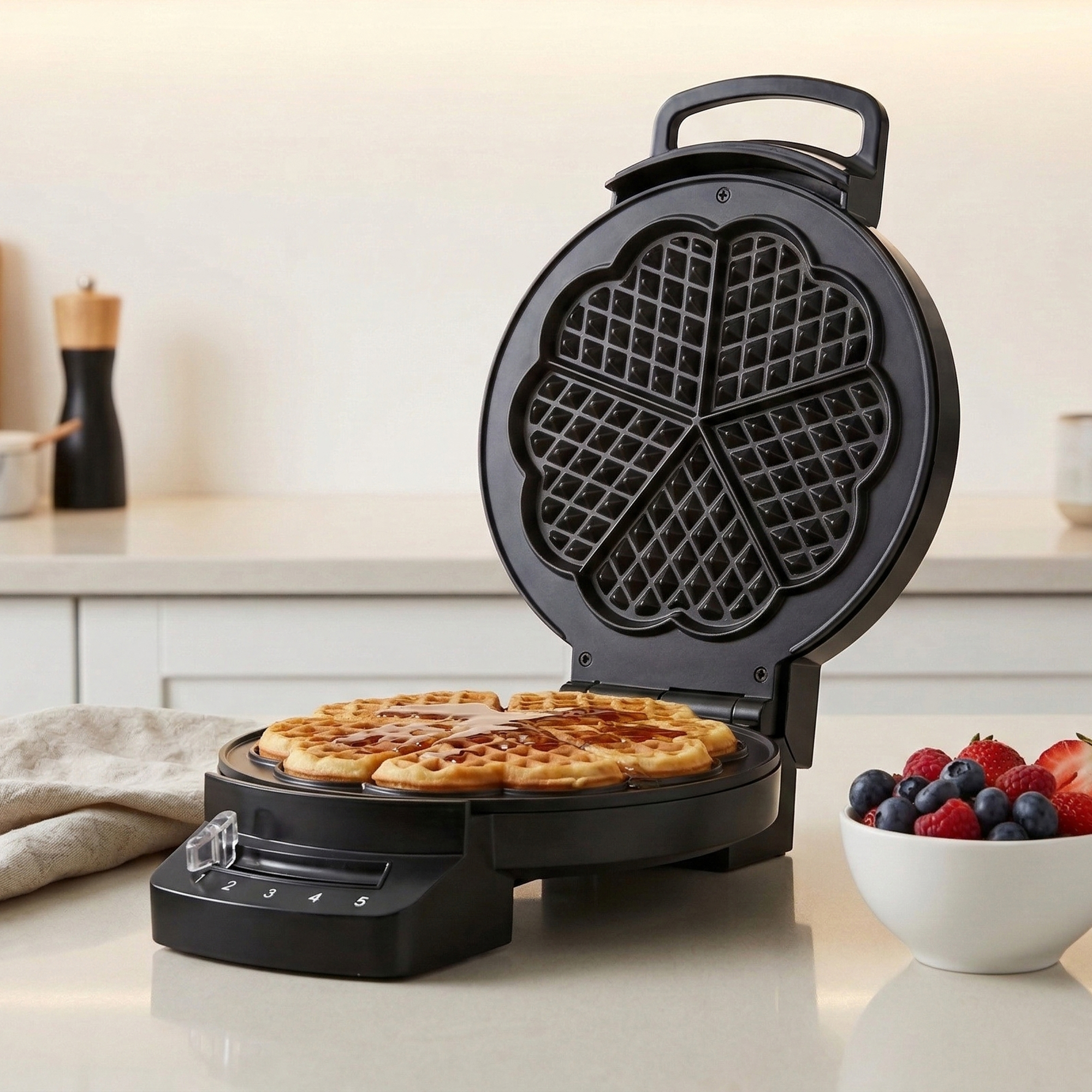 A waffle maker with a baked heart-shaped waffle drizzled with syrup, next to a bowl of berries.