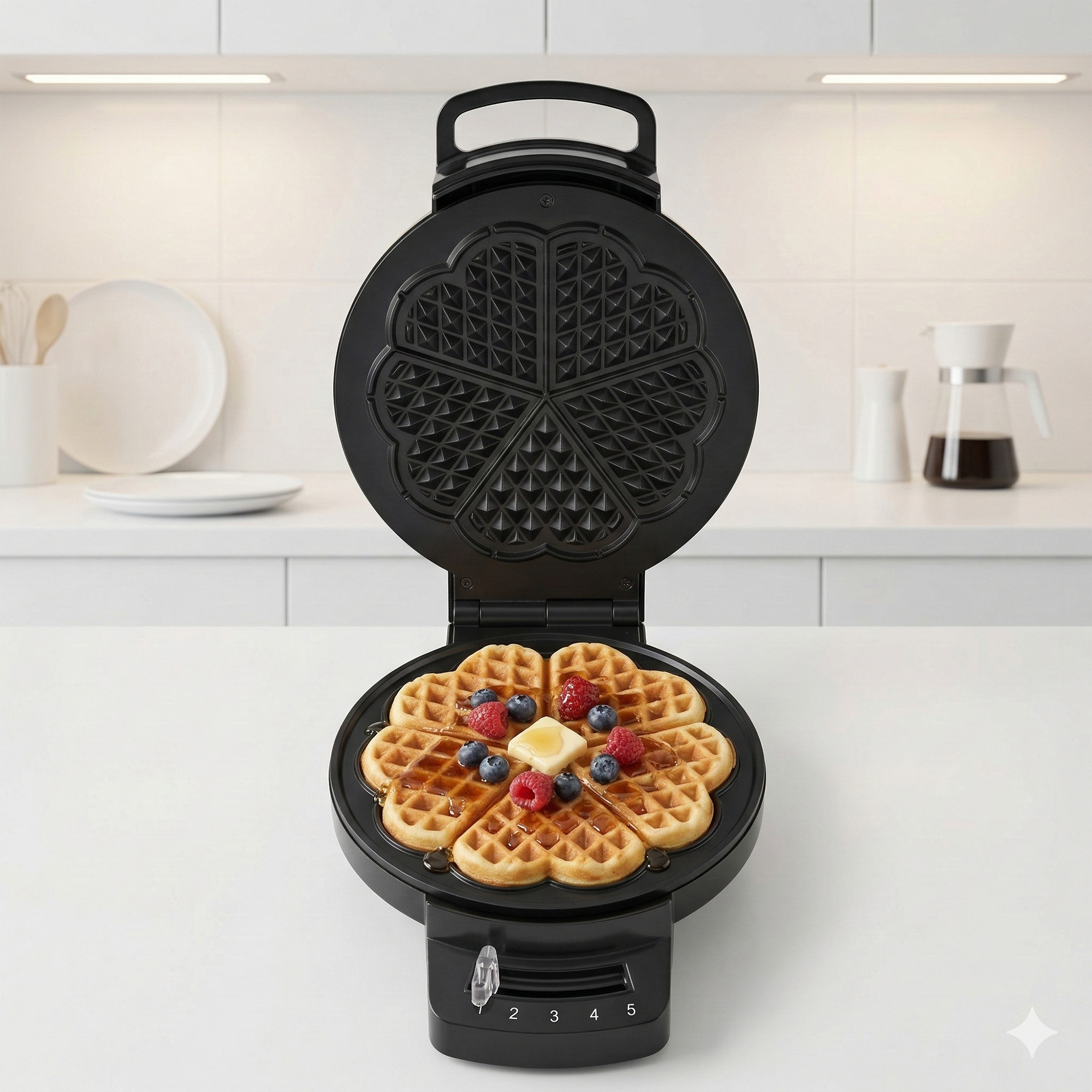 An open waffle maker with heart-shaped waffles, berries, and butter on top.