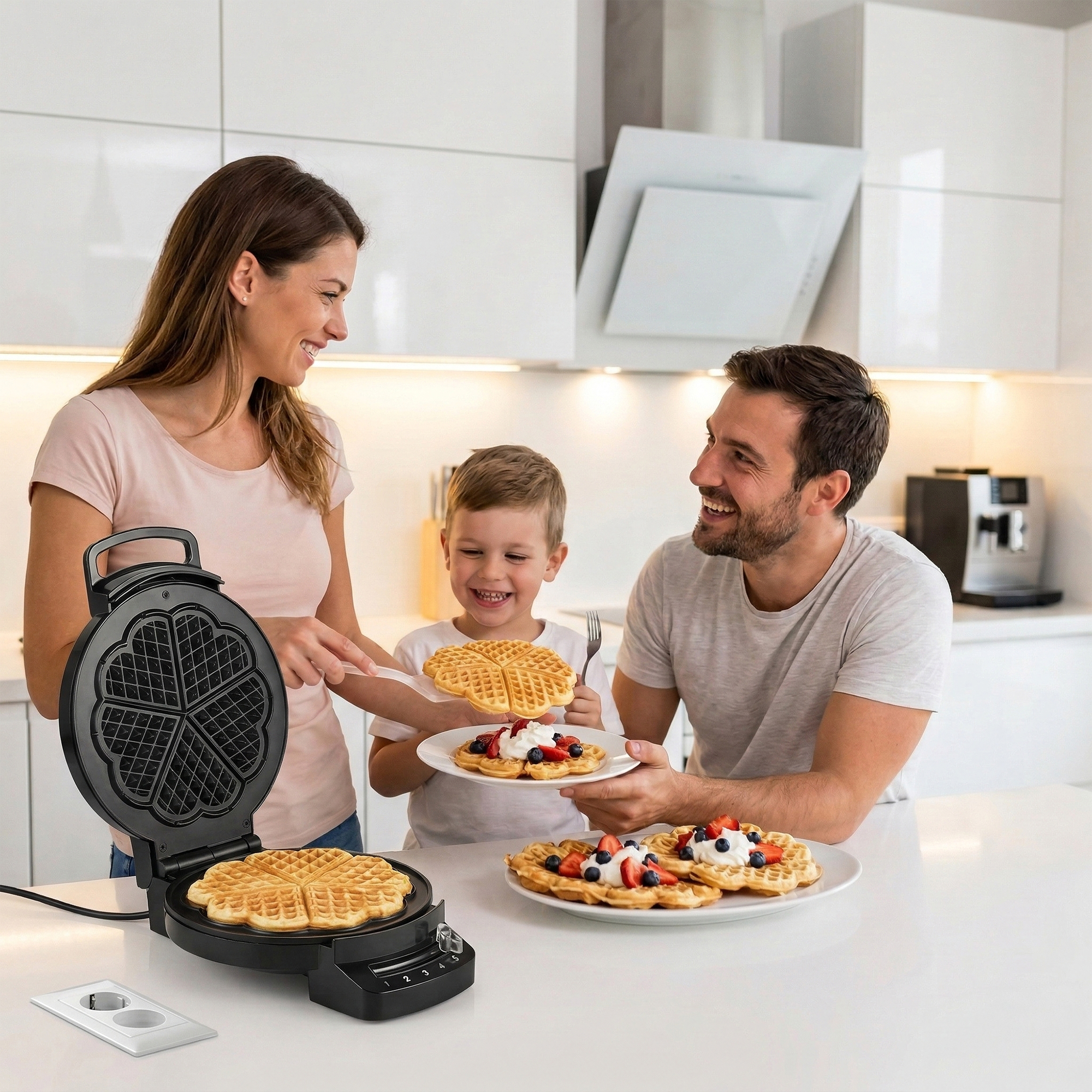 Family enjoys waffles in a modern kitchen with an open waffle maker.