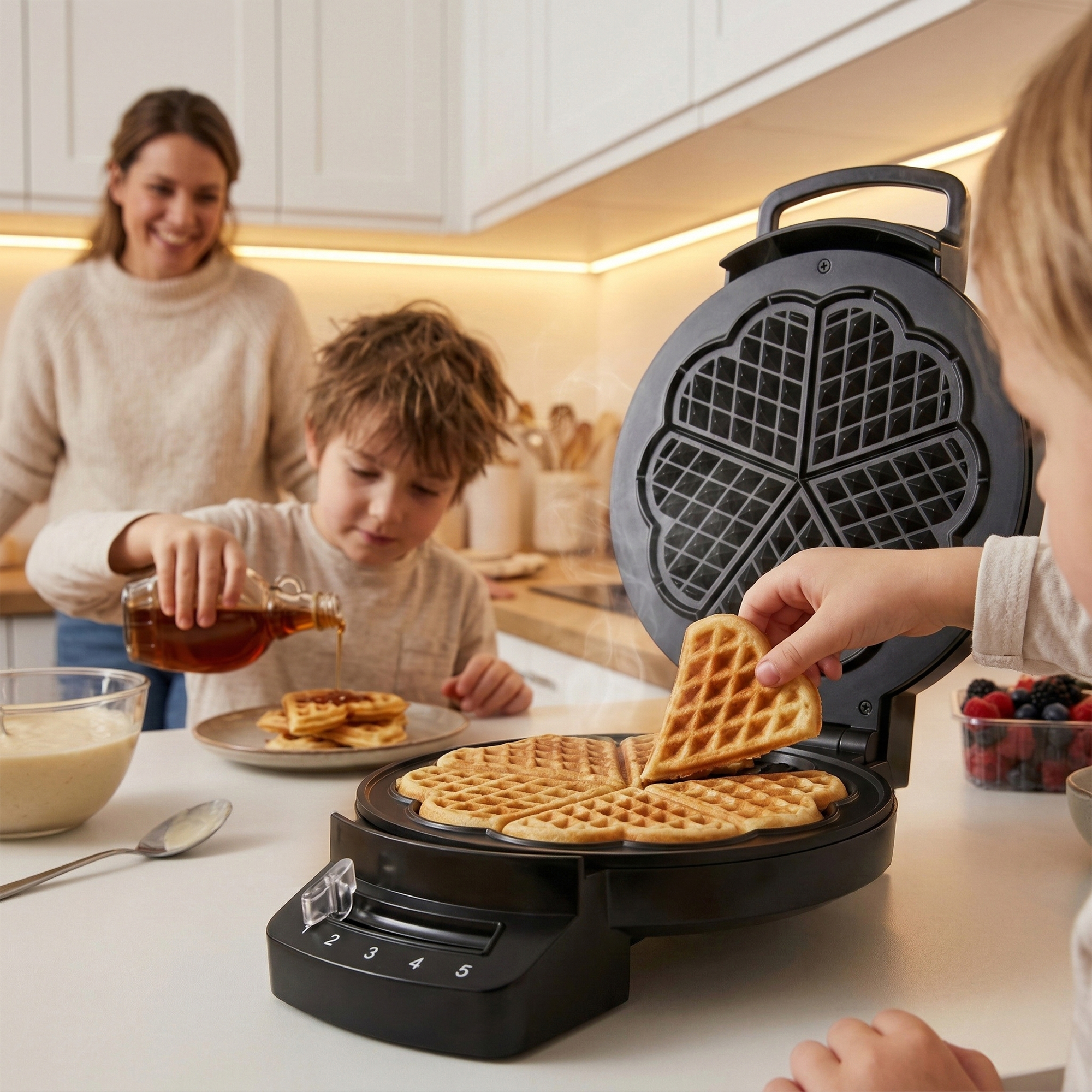 Children make waffles with their mother in the kitchen.