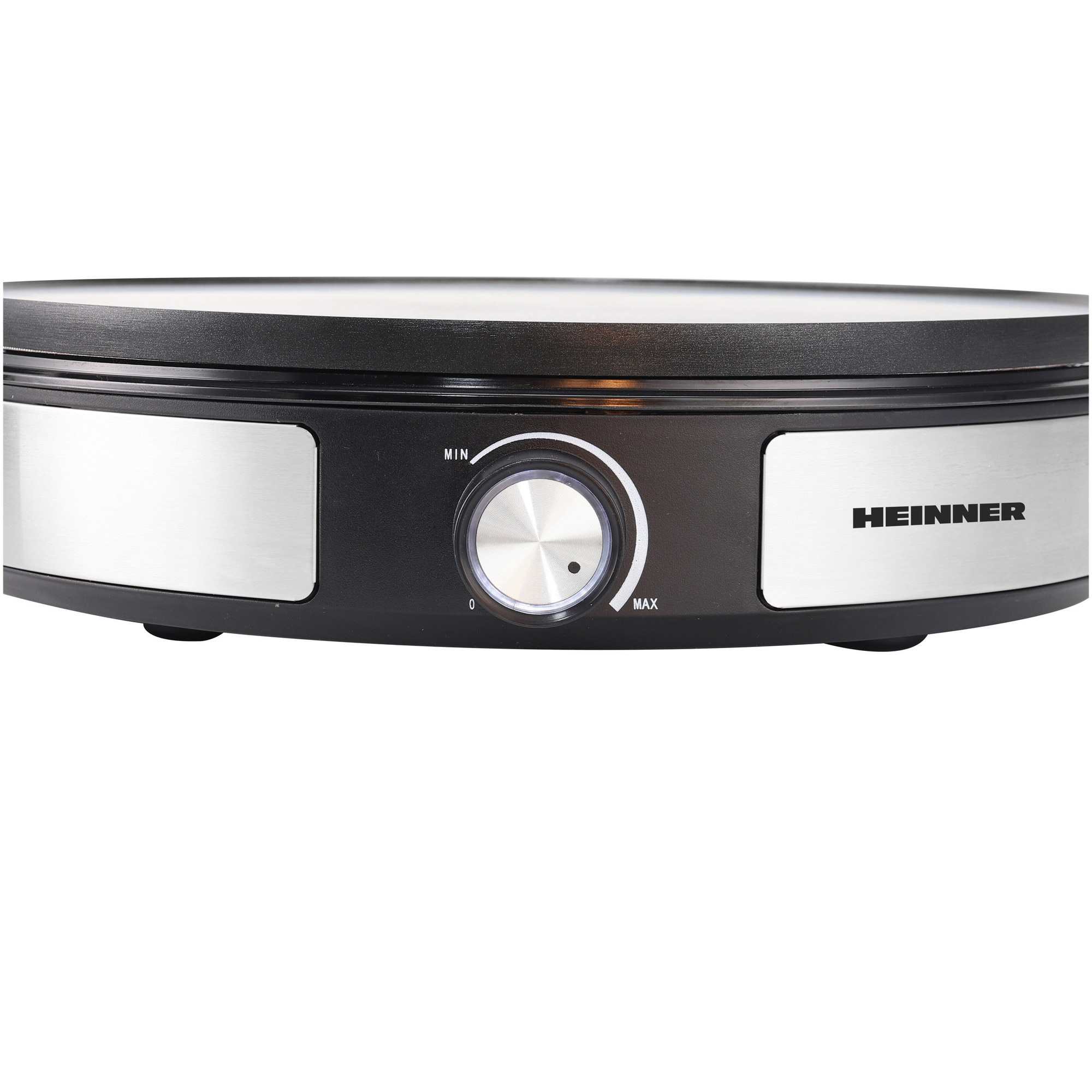 Round black Heinner pan with a silver dial from MIN to MAX.