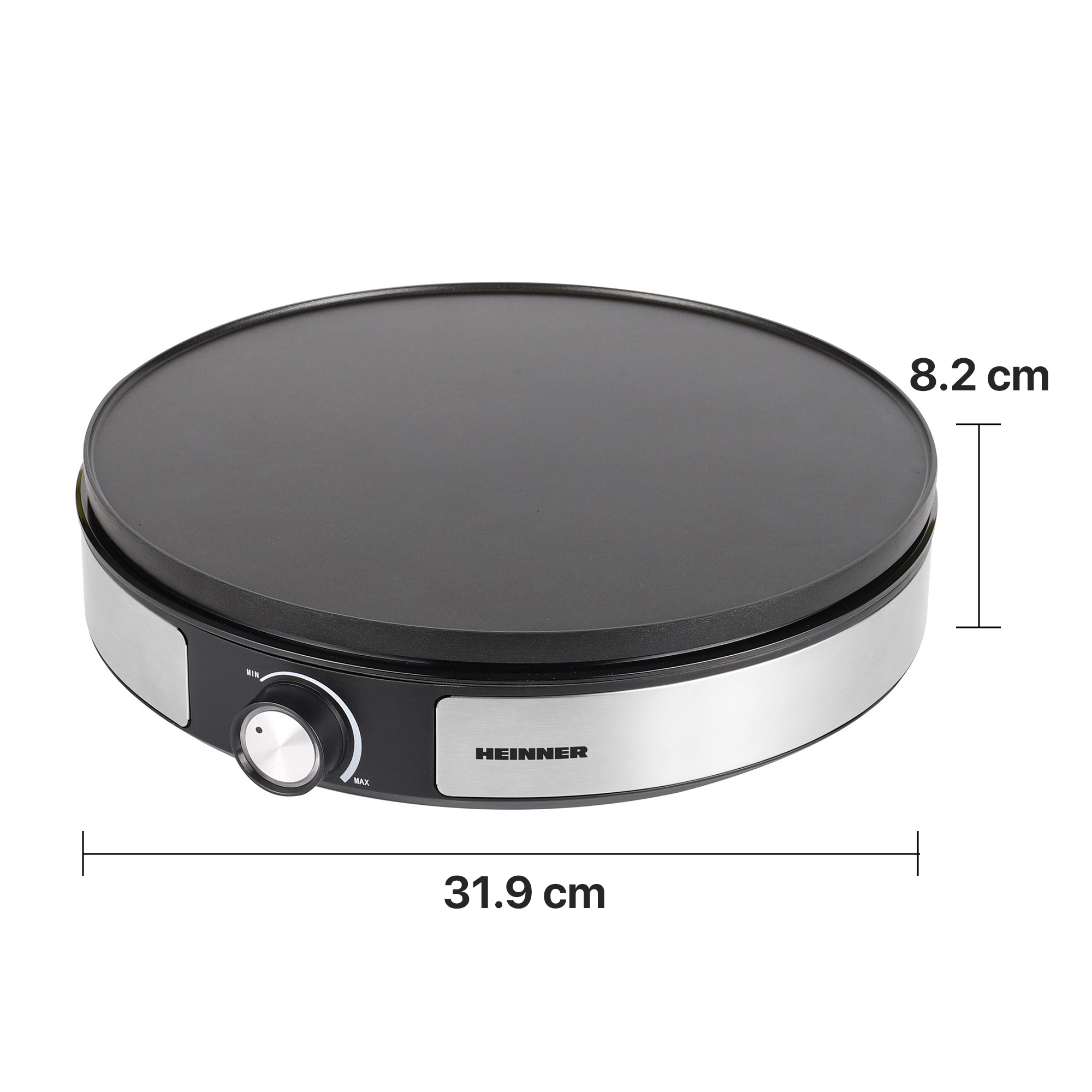 Black crepe maker with silver casing, 31.9 cm diameter and 8.2 cm height.