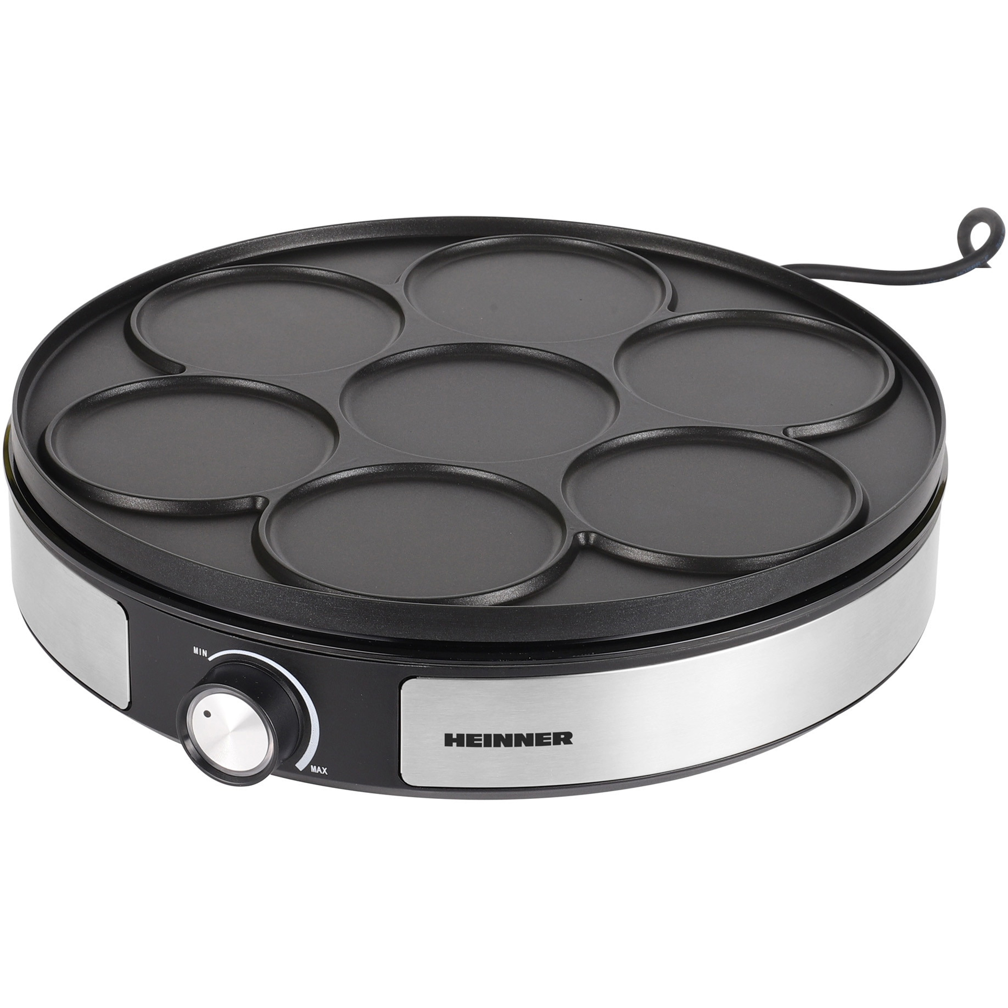 Electric pancake maker with seven wells and silver housing.