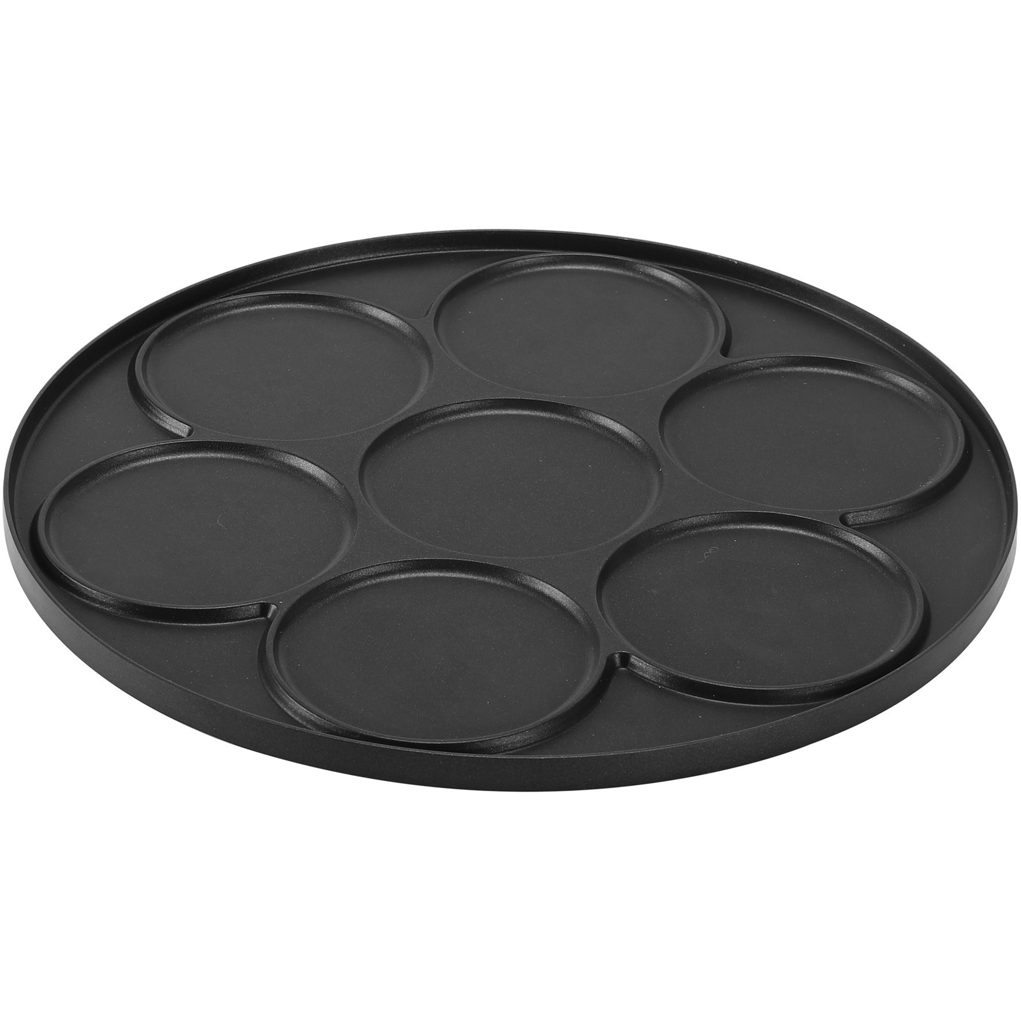 A black, round pan with seven indentations for pancakes or eggs.