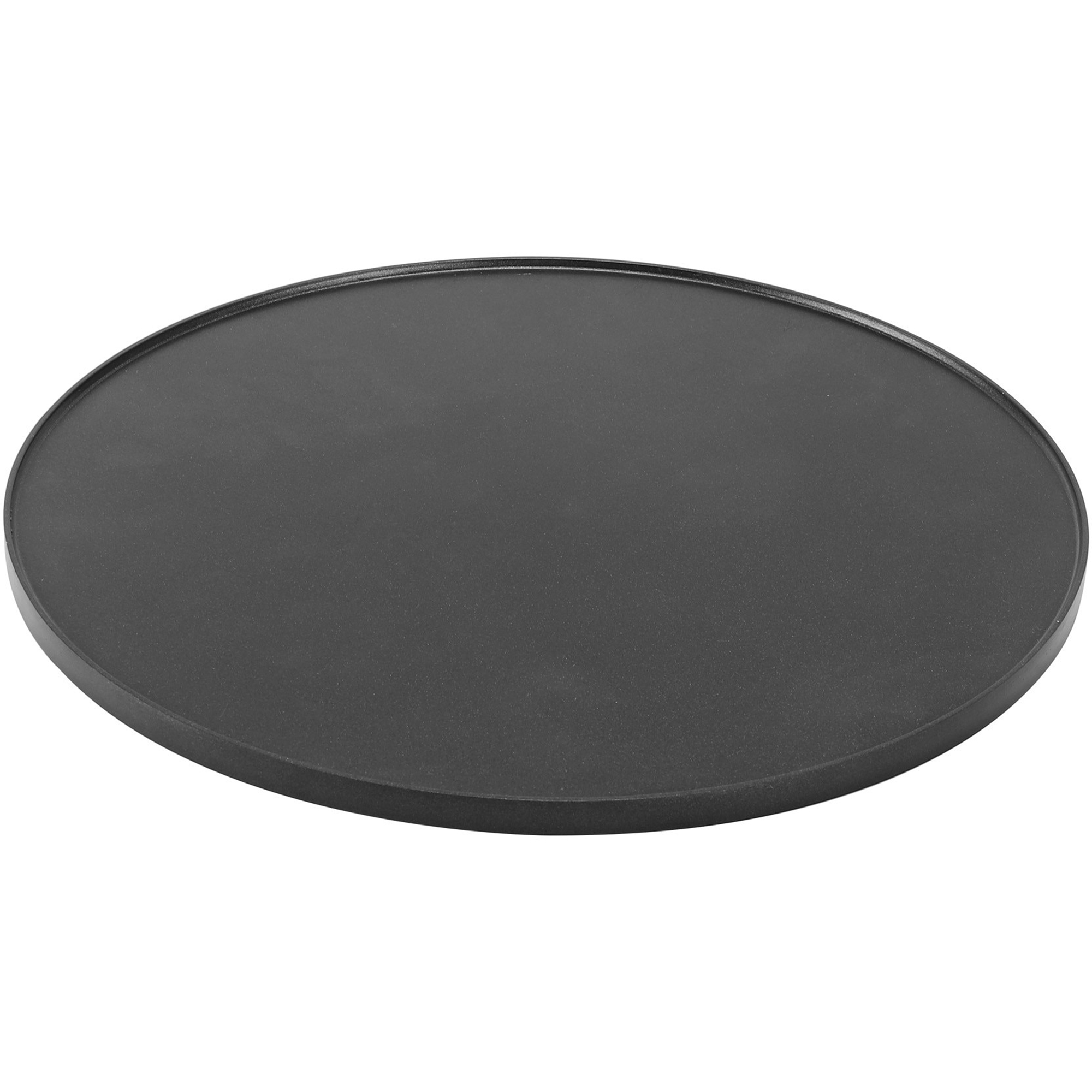 A flat, round, black metal griddle on a white background.