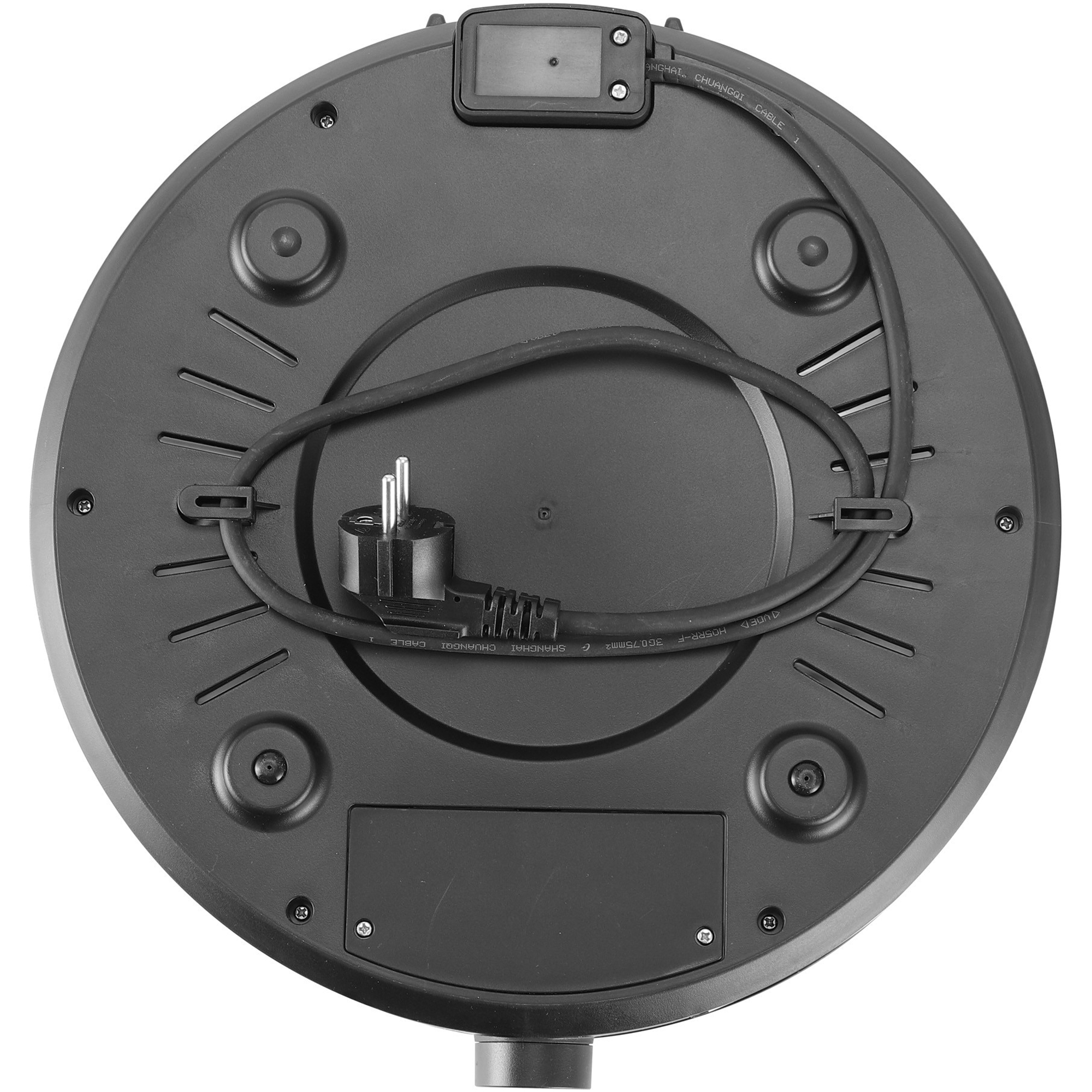 Underside of a device with cord and plug. A small display is visible.