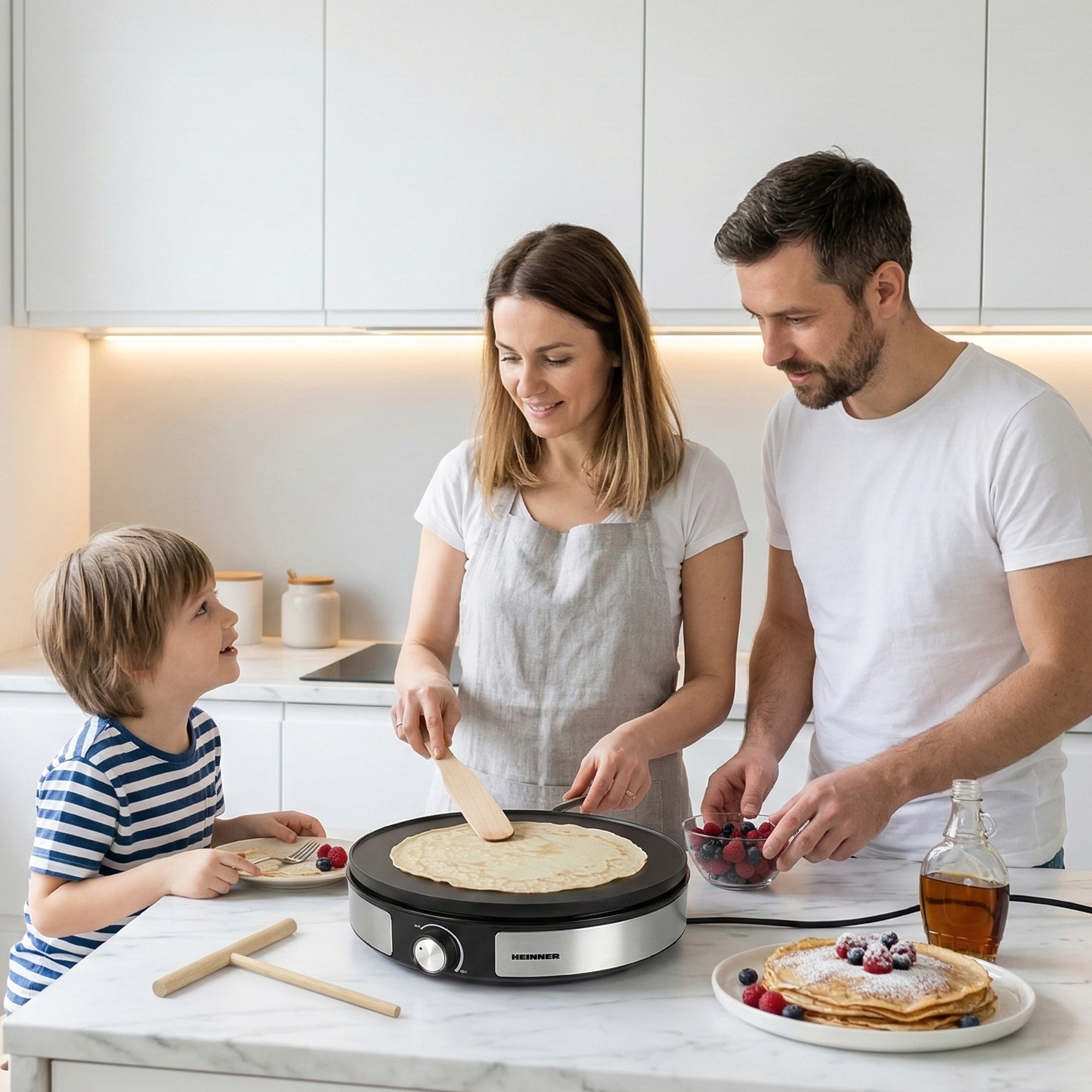 Family makes pancakes in a modern kitchen. A child, man, and woman are involved.