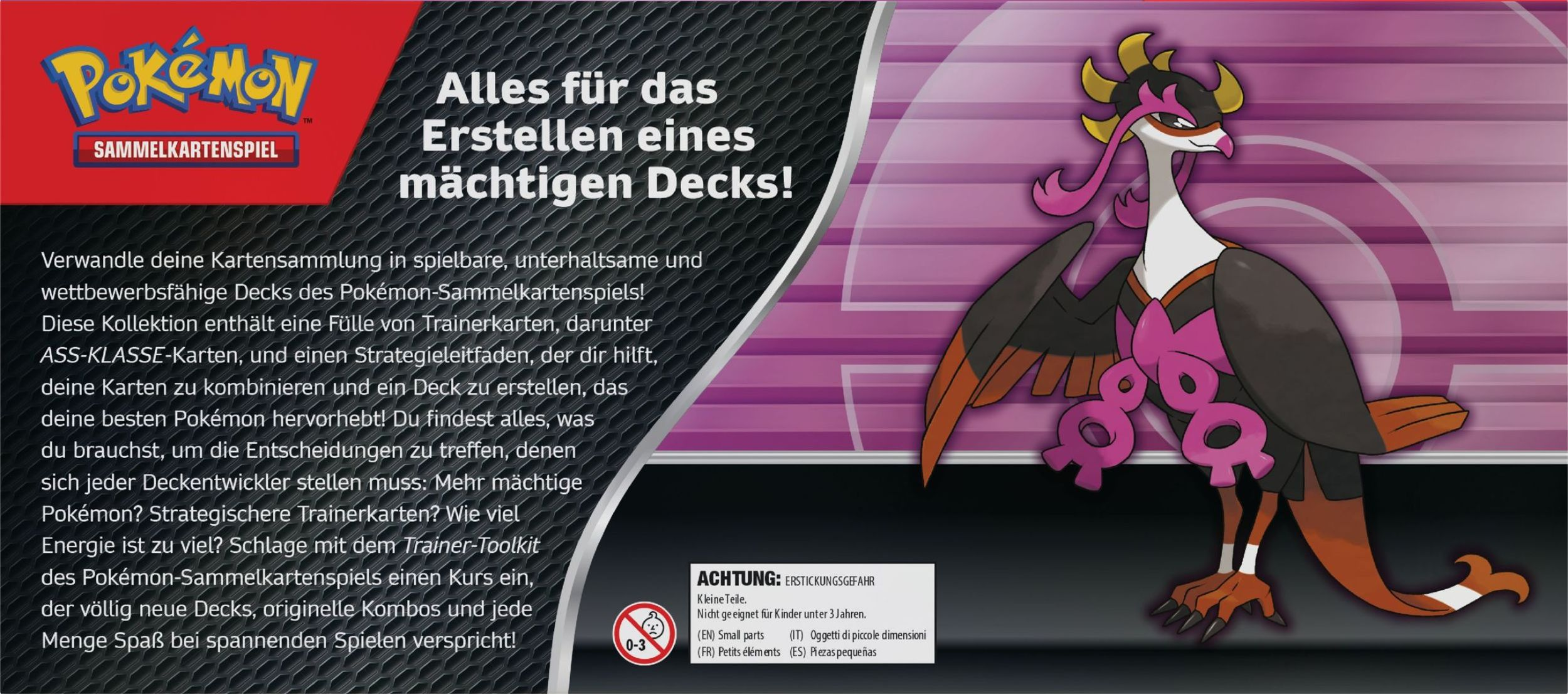 Pokémon Sammelkartenspiel mit einem Vogel-Pokémon, Text und Warnhinweis.
