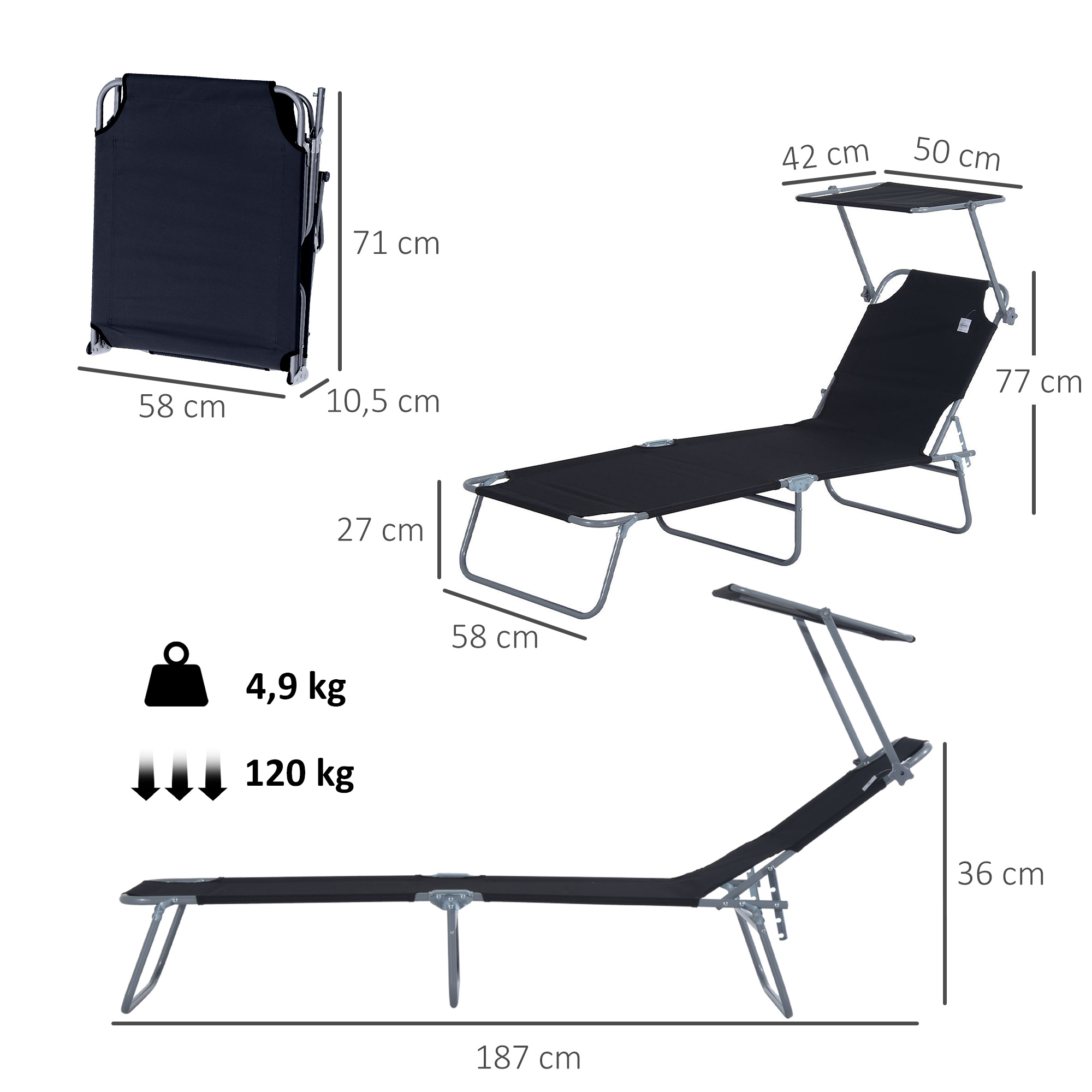 Tumbona negra con dosel. Dimensiones: 187x58x77 cm. Peso: 4,9 kg, Capacidad de carga: 120 kg.