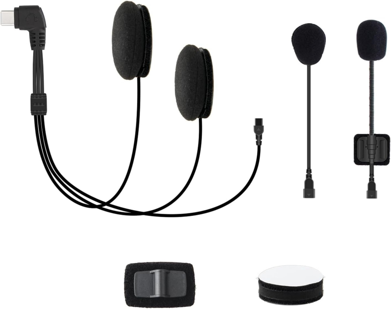 Motorrad-Headset-Zubehör: USB-C-Kabel, Ohrhörer, Mikrofone, Klettbänder.