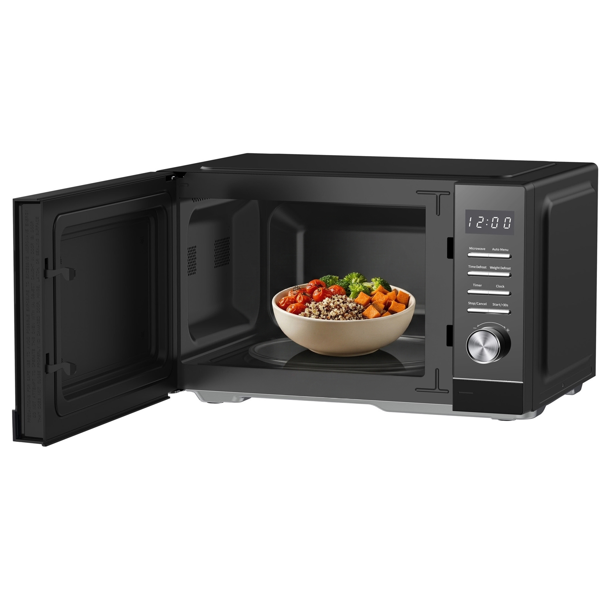 Zwarte magnetron met open deur, kom met eten op draaiplateau.